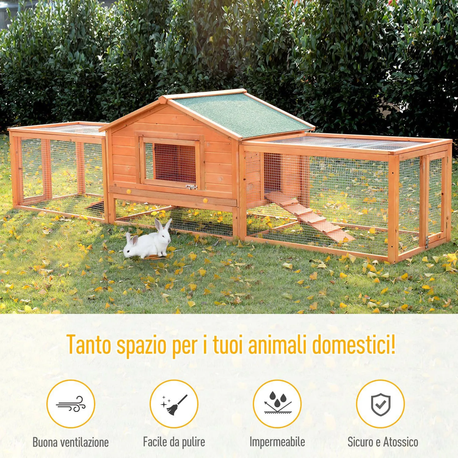 AllMyPets Conigliera da Esterno in Legno con Casetta e 2 Recinti  309x79x86cm - D25539