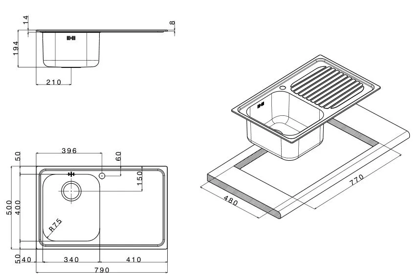 Lavello cucina 1 vasca con gocciolatoio a sinistra inox Apell