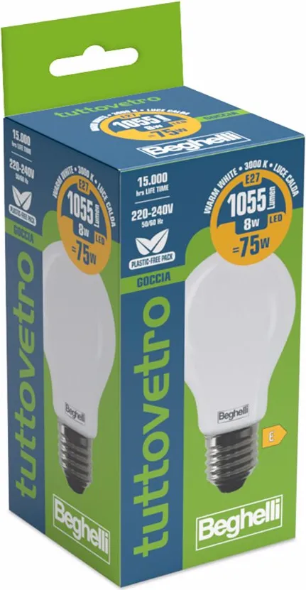 Lampada LED TuttoVetro 8W E27 Luce calda Beghelli 56523, 3000°K