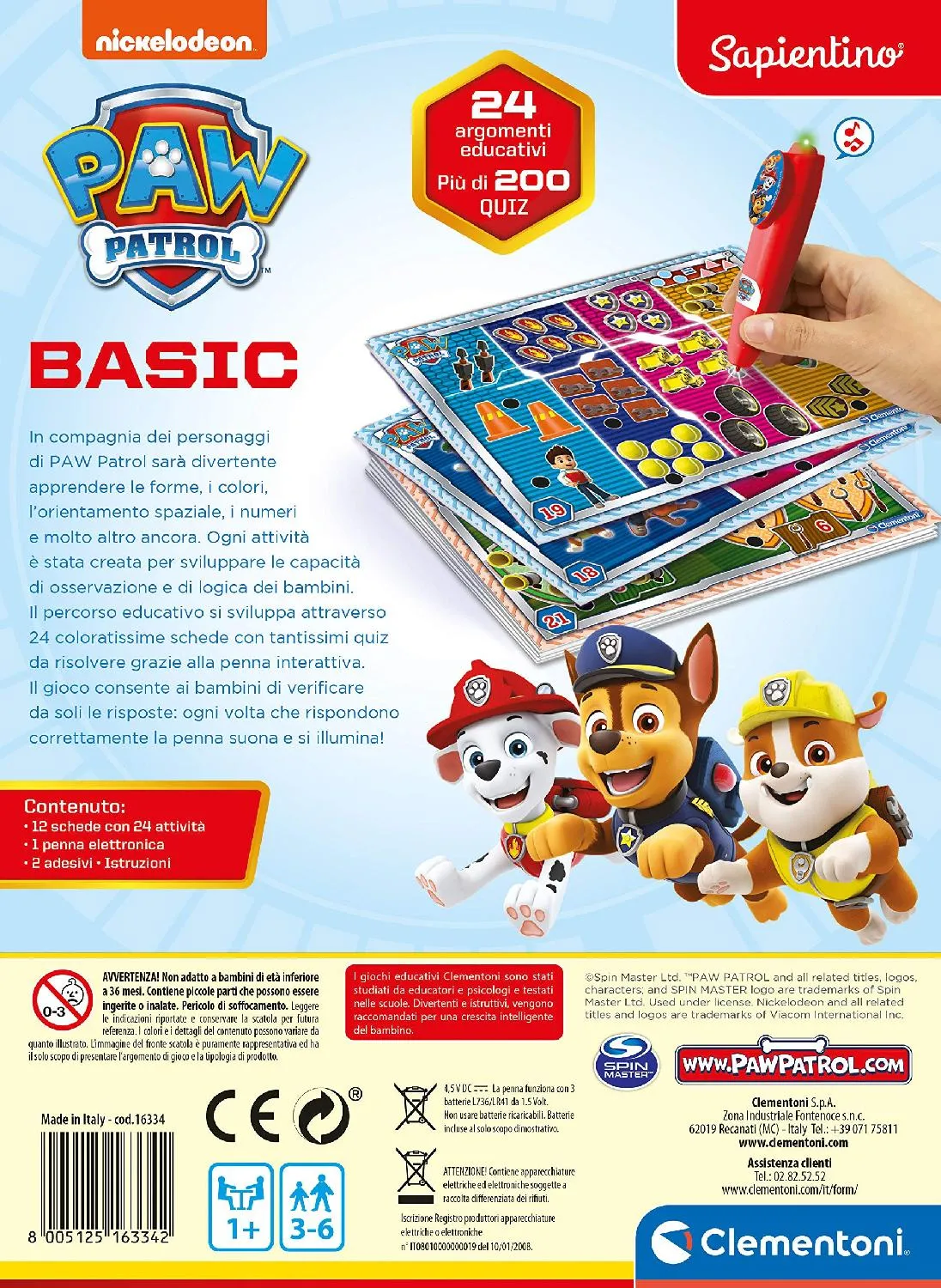 Clementoni Sapientino Basic Paw Patrol - Gioco Educativo Elettronico con  Penna interattiva Giocattolo per Bambini da 3+ Anni - 16334