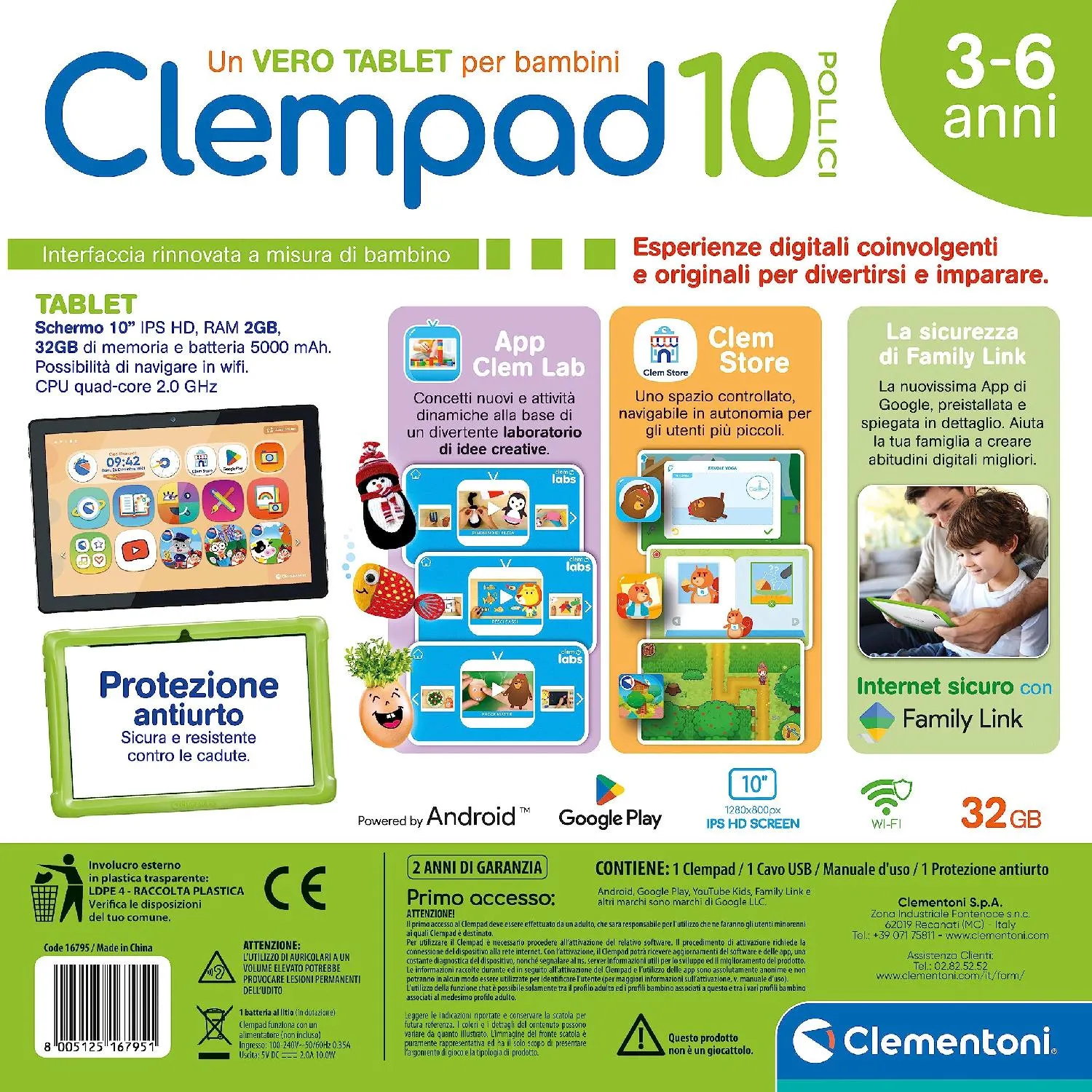 Clementoni Tablet per Bambini 3 - 6 anni 10 Pollici Wi-Fi 2 GB Ram Android  11 colore Verde - 16795