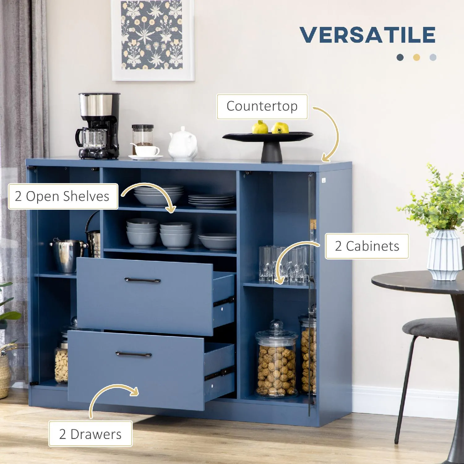 DecHome Credenza Moderna con Ante in Vetro Armadietti e Cassetti  140x39.5x110cm Blu Scuro