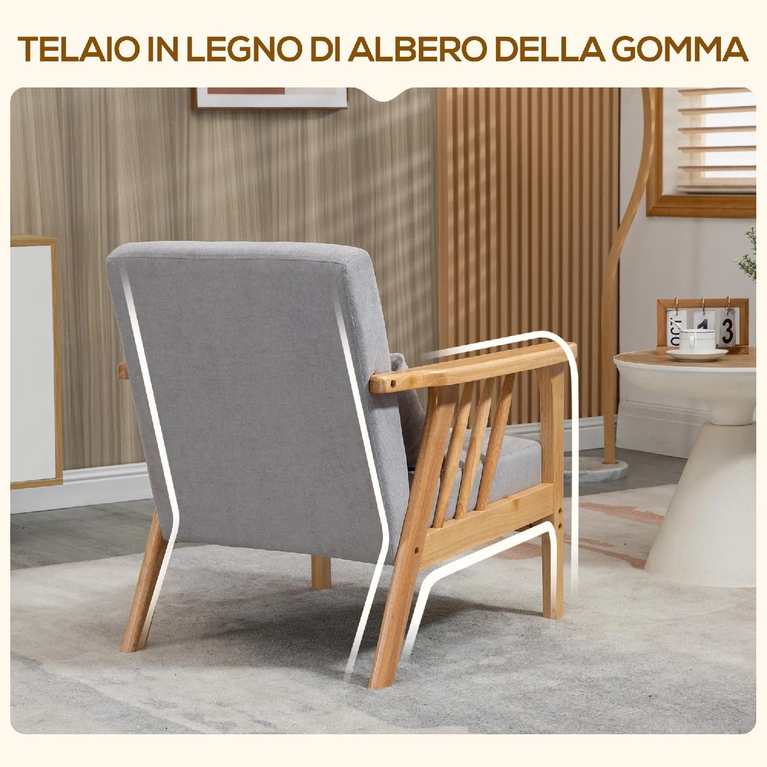 DecHome Poltrona Design stile nordico scandinavo in Legno effetto Velluto  colore Crema per Soggiorno o Ufficio - 799V002