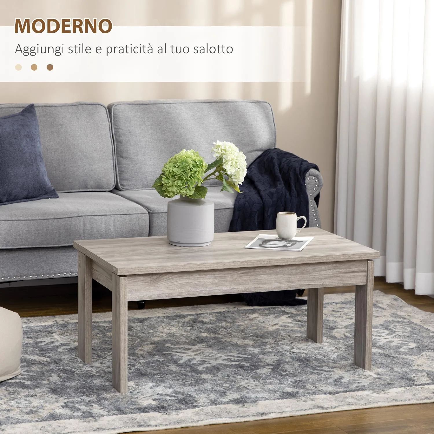 DecHome Tavolino Salotto in Truciolato Grigio per Soggiorno e Studio con  Piano Rettangolare e 4 Gambe 100x55x45 cm - 819DHGY