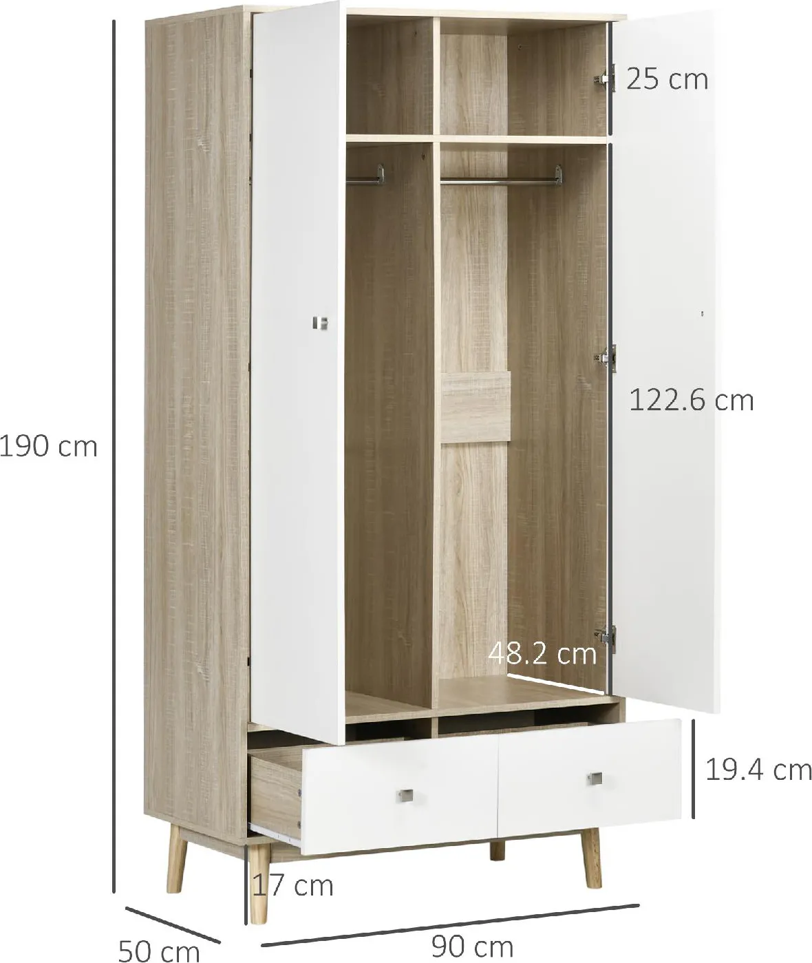 DecHome Armadio 2 Ante in Legno con 4 Vani 2 Cassetti e Appendiabiti colore  Legno e Bianco 90x50x190cm - 849DHND