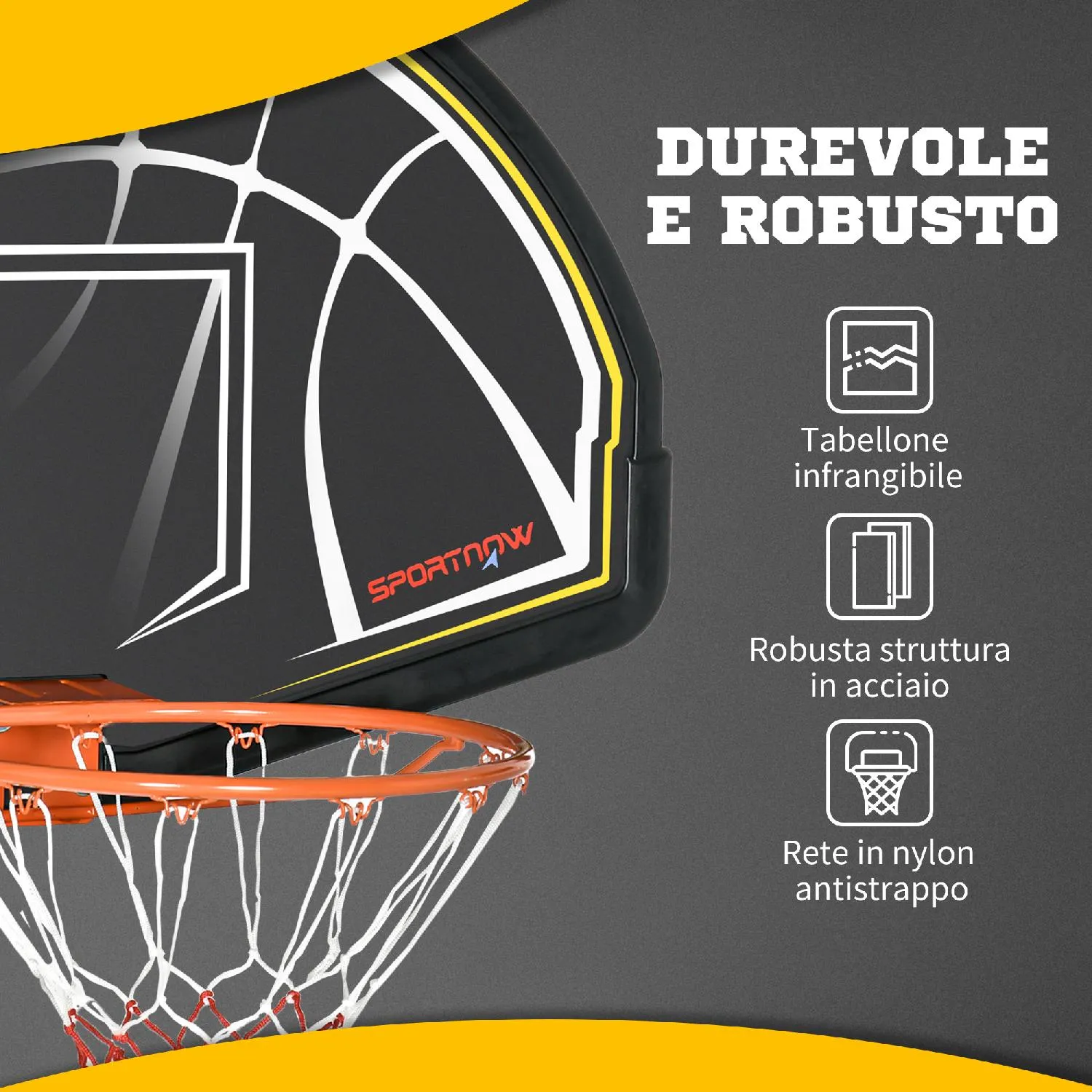 Canestro Basket per Bambini e Adulti 110x90x70 cm in Acciaio e PE Nero e  Giallo – acquista su Giordano Shop