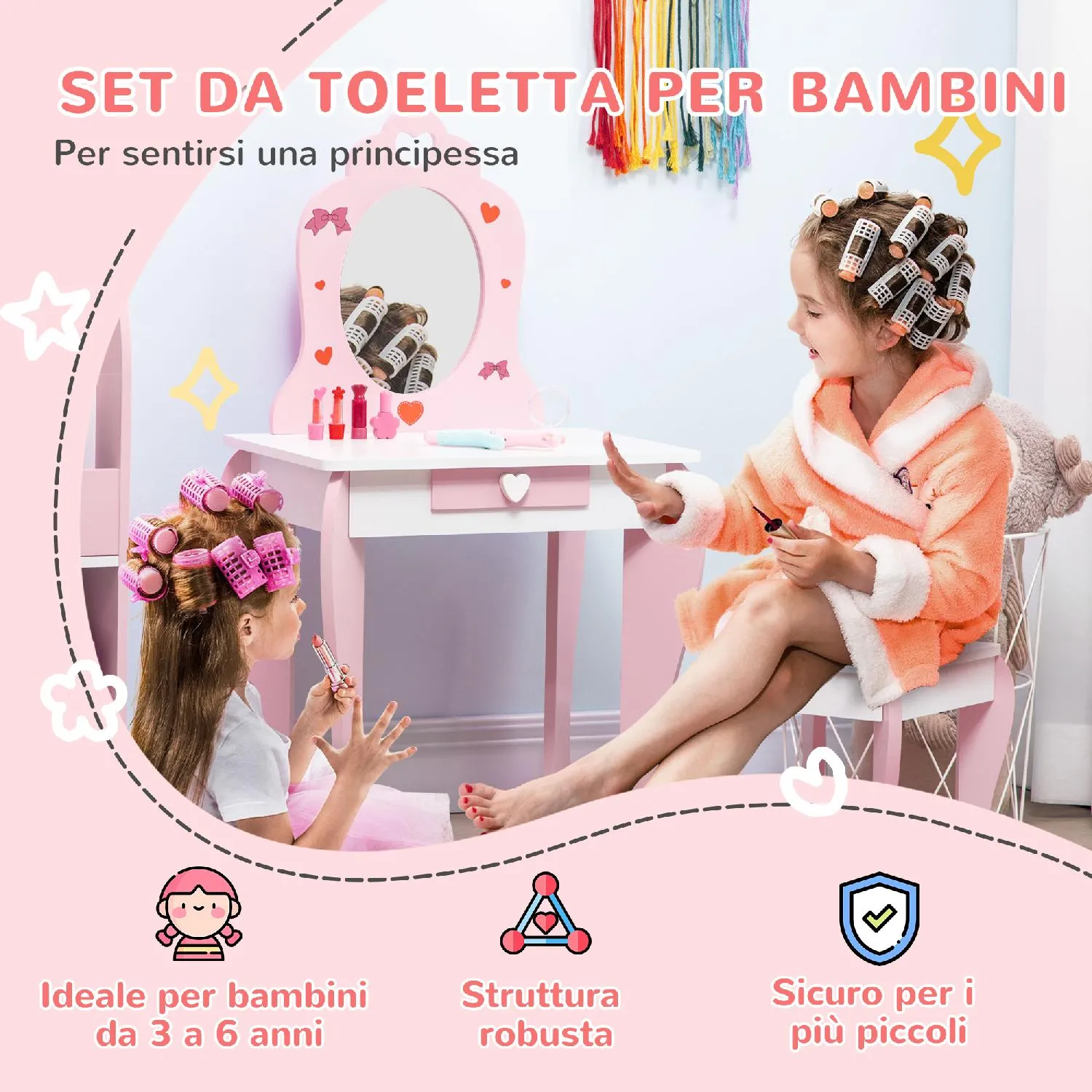 Tavolo da trucco sospeso in MDF bianco con specchio e sgabello ML-DESIGN