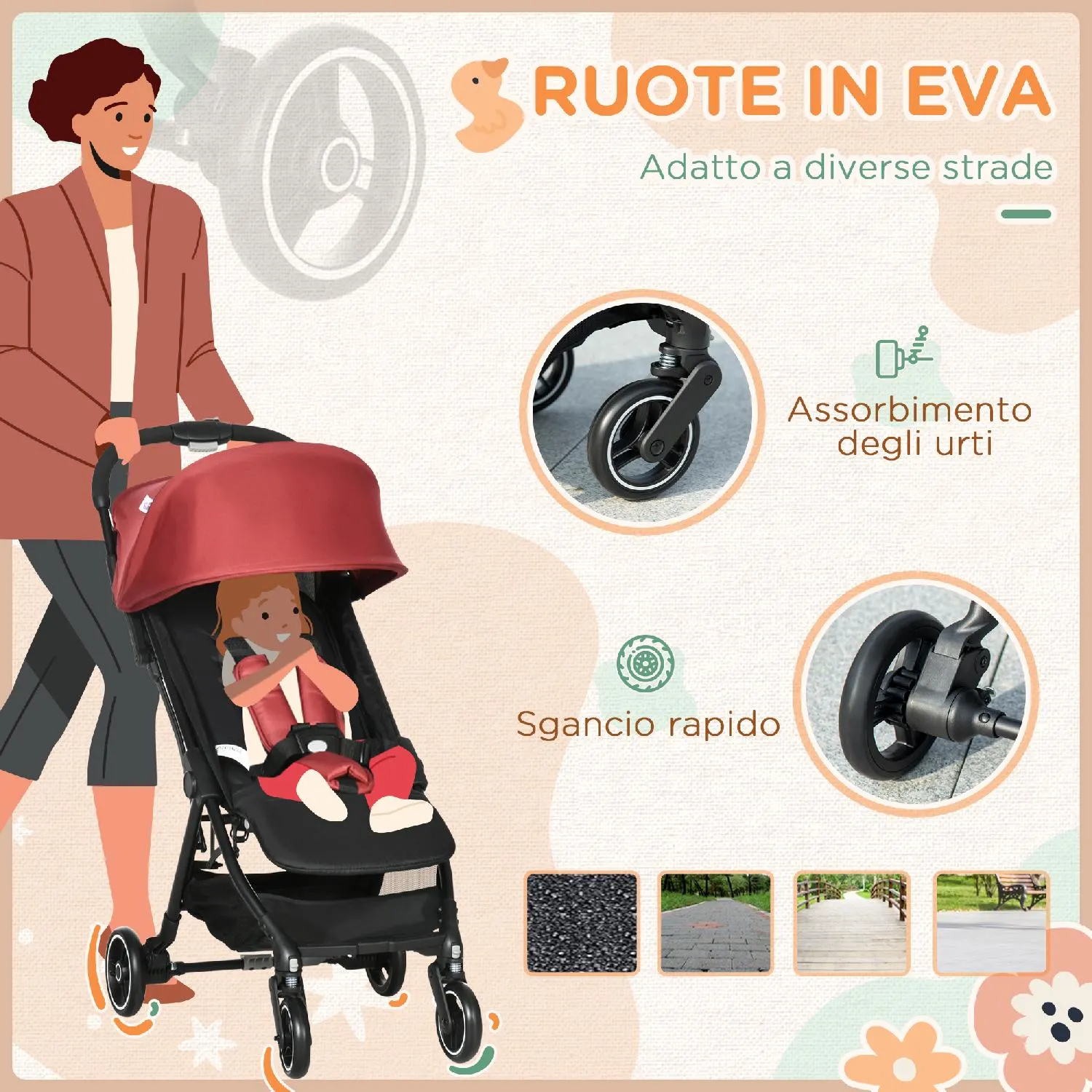 DecHome Passeggino Leggero Reclinabile e Pieghevole Carrozzina per Bambini  6-36 Mesi Fino a 15 kg con Portabicchieri Rosso - 022WRe440