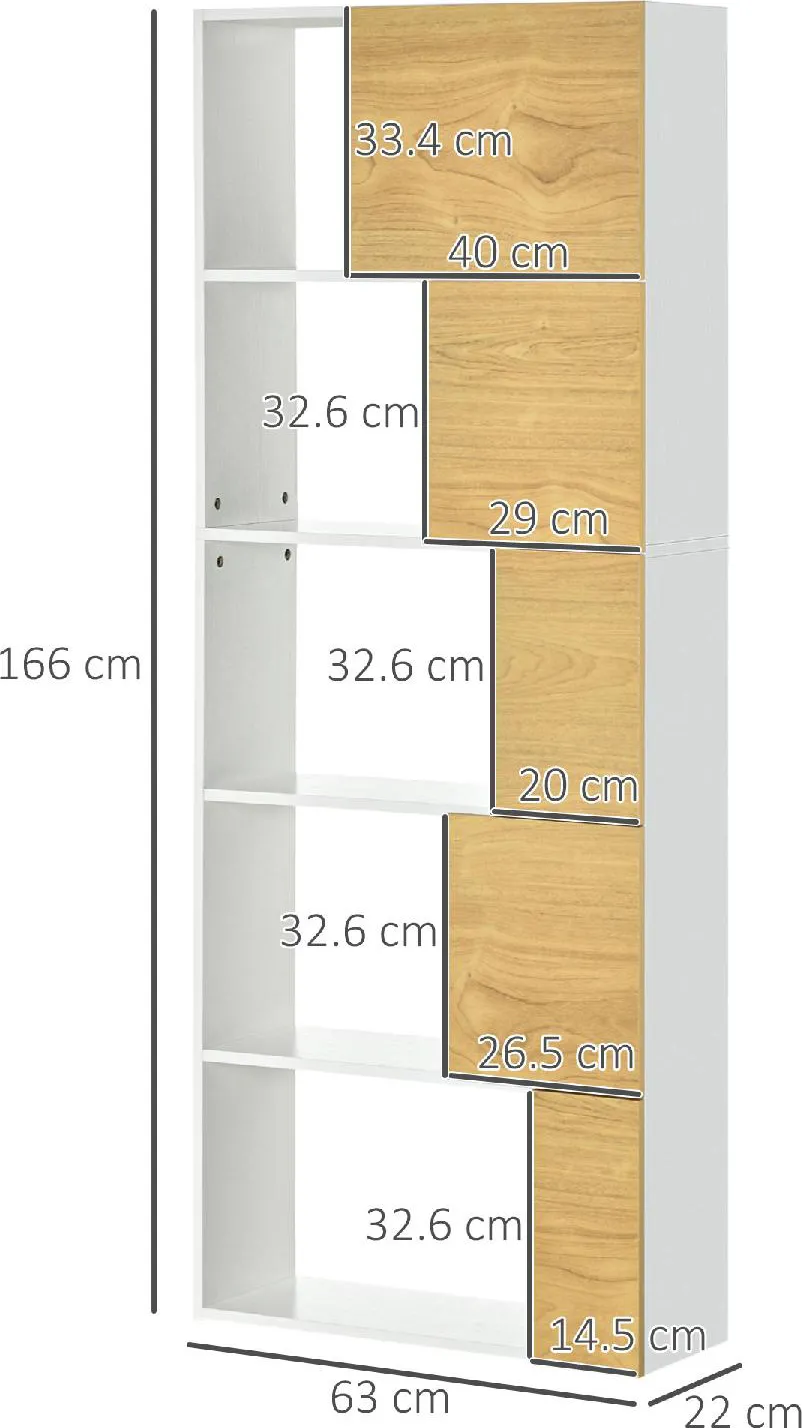 DecHome Libreria Moderna con Scaffali Asimmetrici e Ante Soft Close  63x22x166cm Bianco e Naturale - 813DHWT