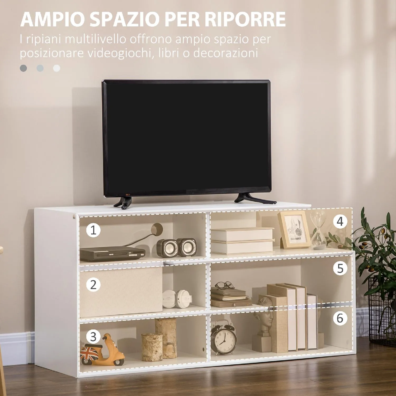 DecHome Mobile TV con 1 Anta e Vani Aperti per TV fino 42'' con Ruote  80x45x39.5cm colore Bianco - D3394D