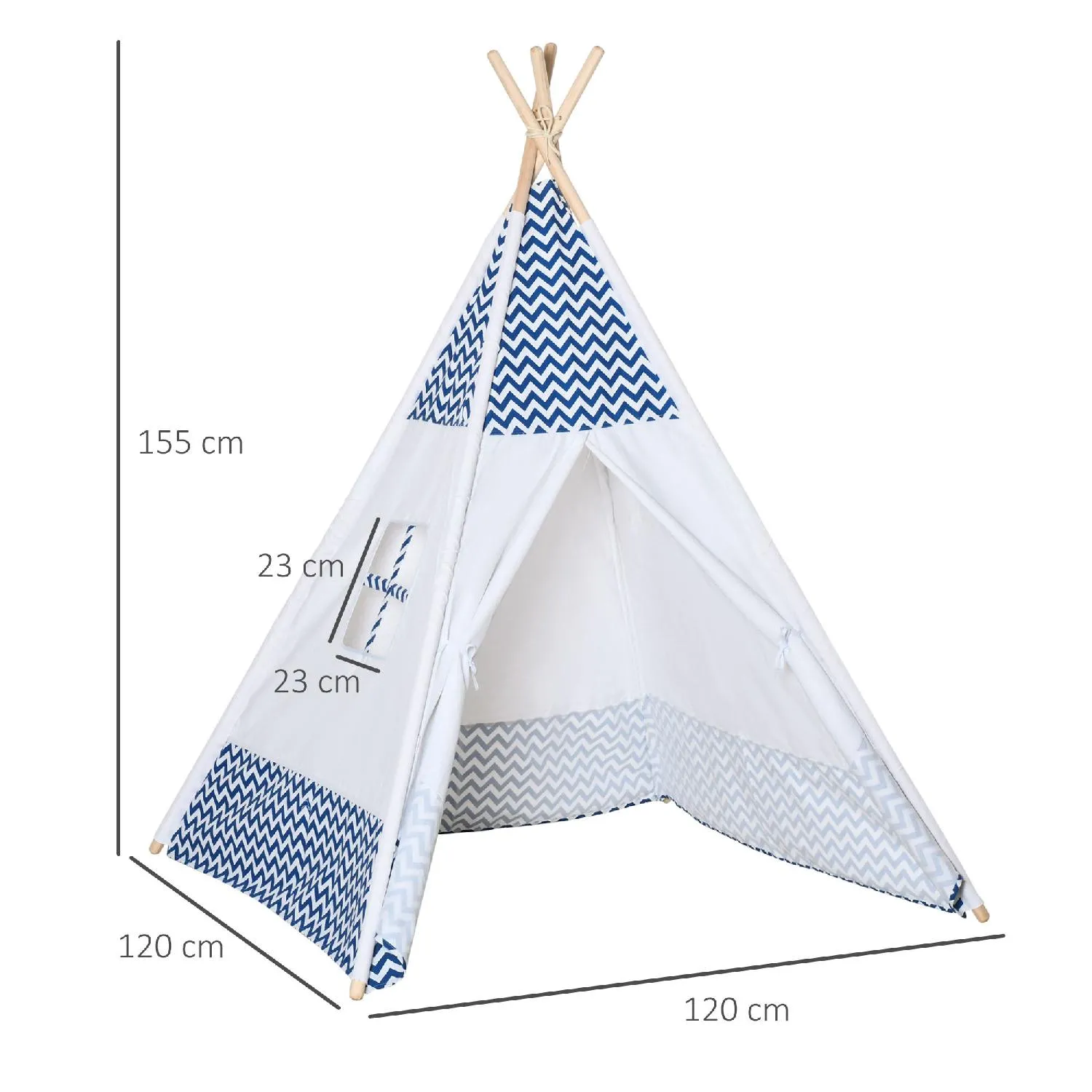 DecHome Tenda Indiana per Bambini Teepee in Tessuto e Legno con Finestra  Età 3-6 Anni 120x120x155cm Bianco e Blu - 021V01331