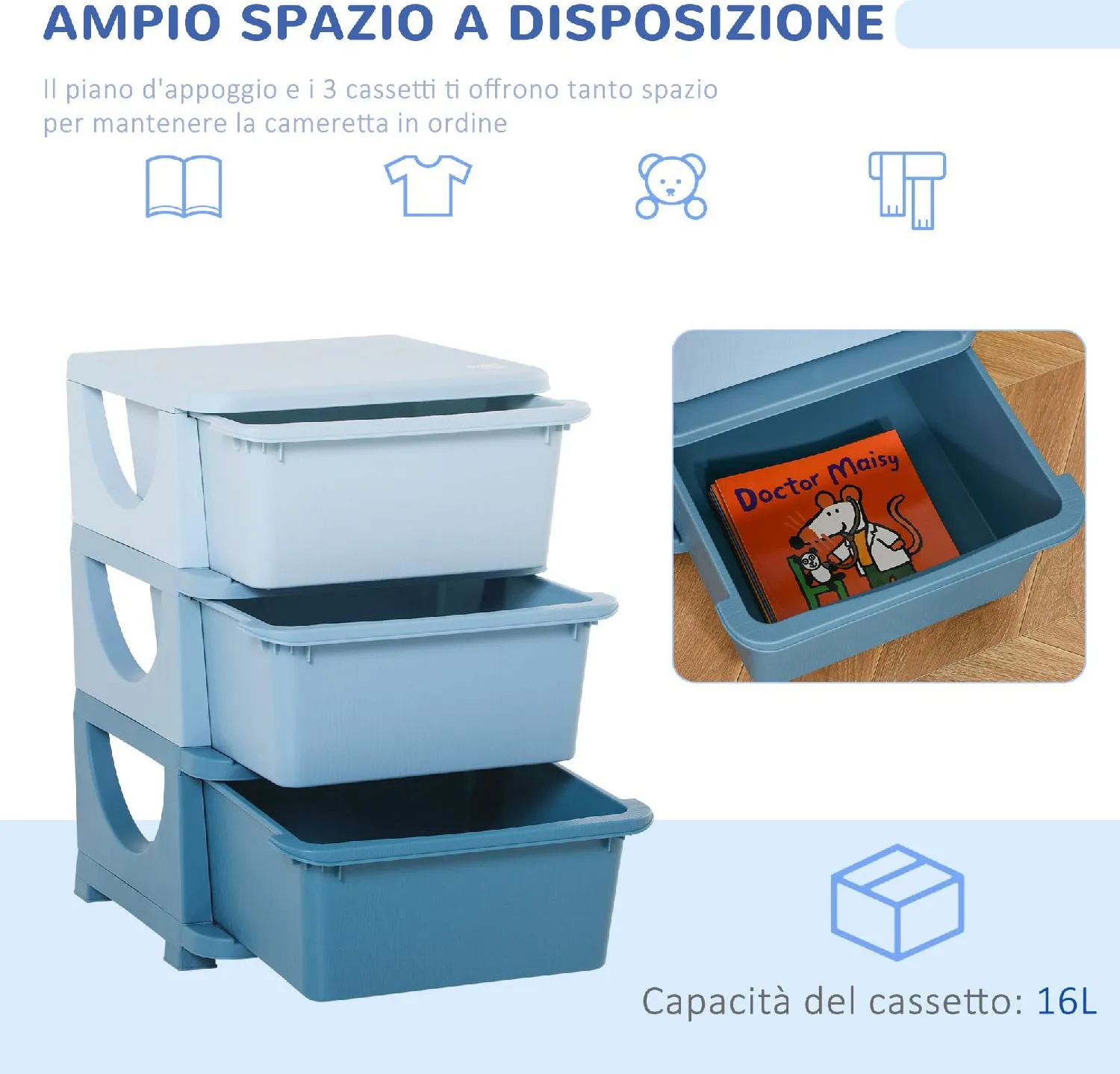 DecHome Cassettiera in Plastica Colorata per Cameretta con 3 Cassetti  37x37x56.5 cm colore Blu - 023BUe311