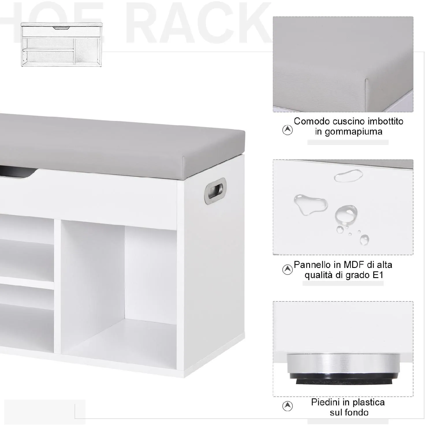 DecHome Scarpiera Salvaspazio con Panca Contenitore Imbottita e Vani Aperti  80x30x43cm Bianco - 039WT837