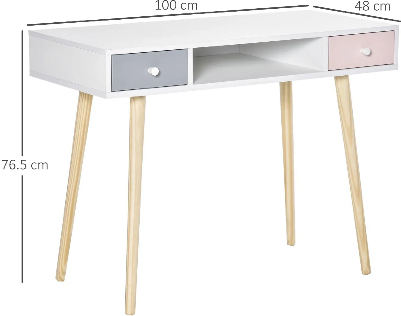 DecHome Scrivania per Bambini con Cassetti per Cameretta Legno di Pino e  MDF 100x48x76.5cm Bianco Rosa e Grigio - 042PKe312