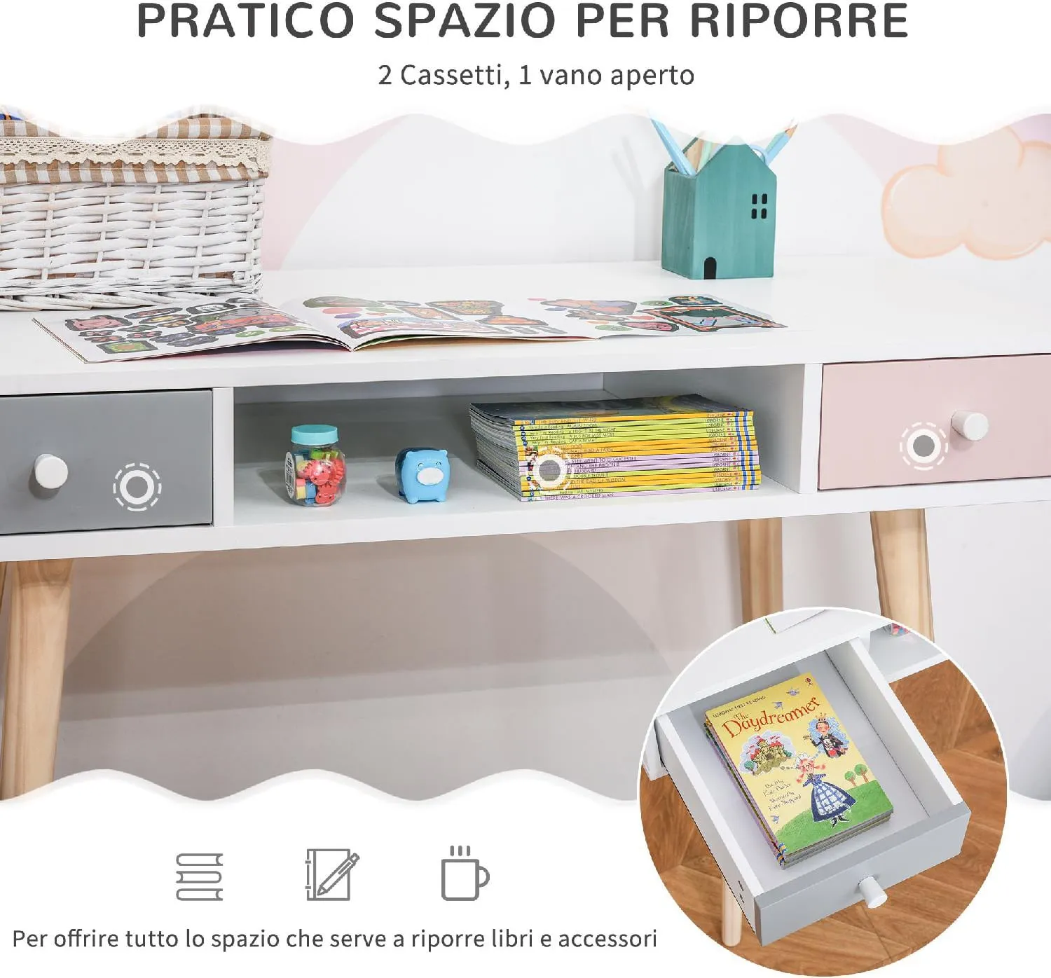 Scrivania per bambini 65x45 cm in legno rosa e gambe in legno naturale con  vano contenitore sotto top - Aladin