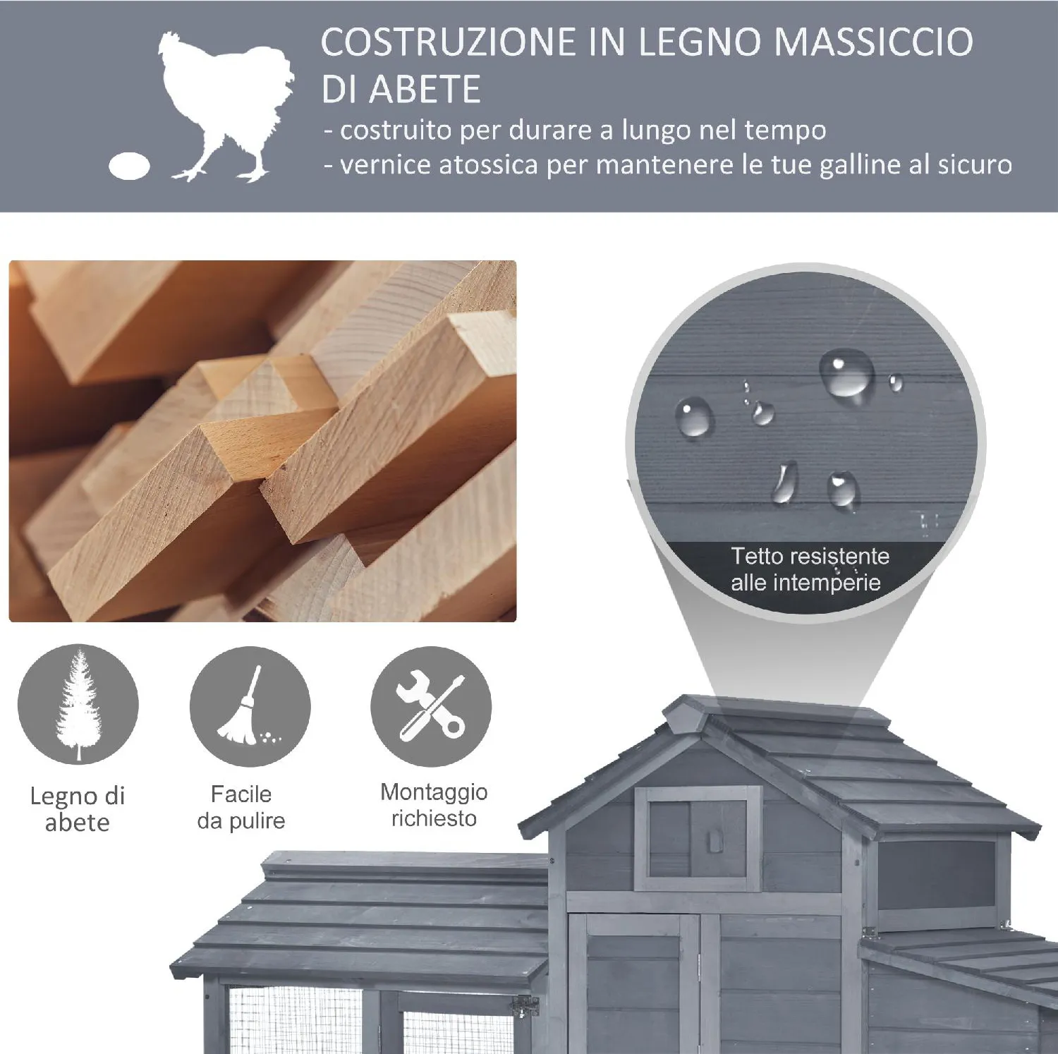 AllMyPets Pollaio Prefabbricato in Legno per 2 Galline per Giardino con  Recinzione e Nido per Cova 150.5x54x87 cm colore Grigio - 108GY