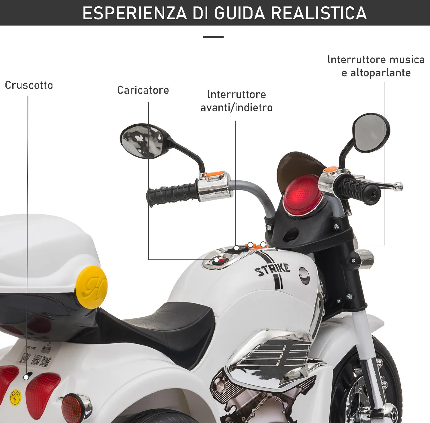 DecHome Moto Elettrica per Bambini a 3 Ruote con Fari e Musica 2+ Anni  colore Bianco - 168V90WT/370