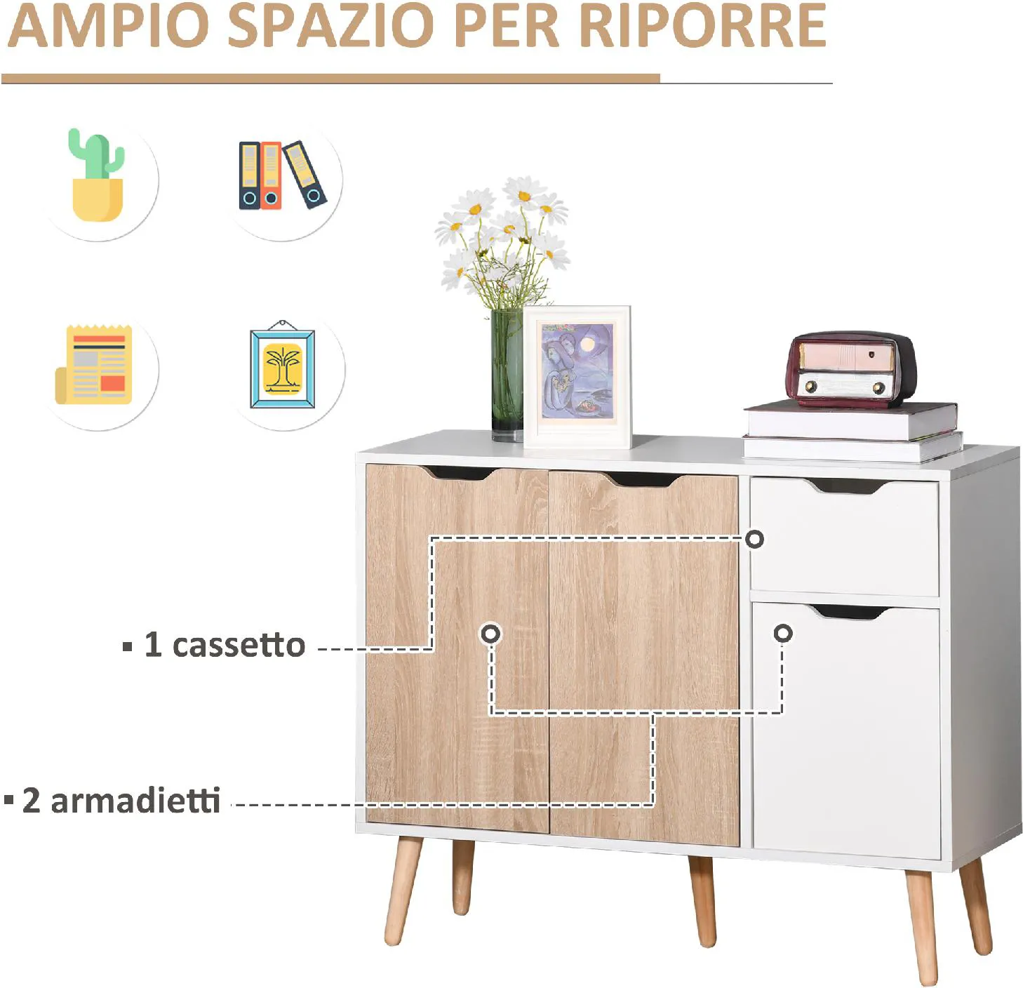 DecHome Mobile Multiuso in Legno con Cassetto e Armadietti in Stile Nordico  90x30x72cm - 117ND837