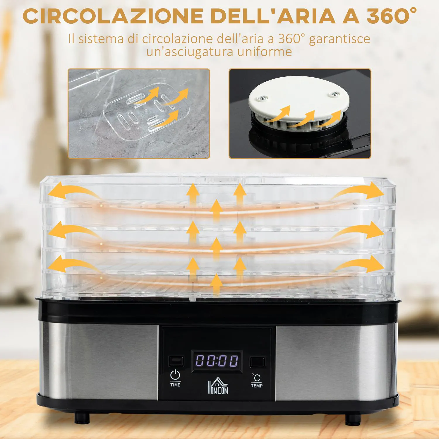 DecHome Essiccatore per Alimenti 245W a 5 Vassoi con Monitor LCD Timer e  Controllo Temperatura in Acciaio Inox PS e ABS 32x25x29cm Argento 142V90