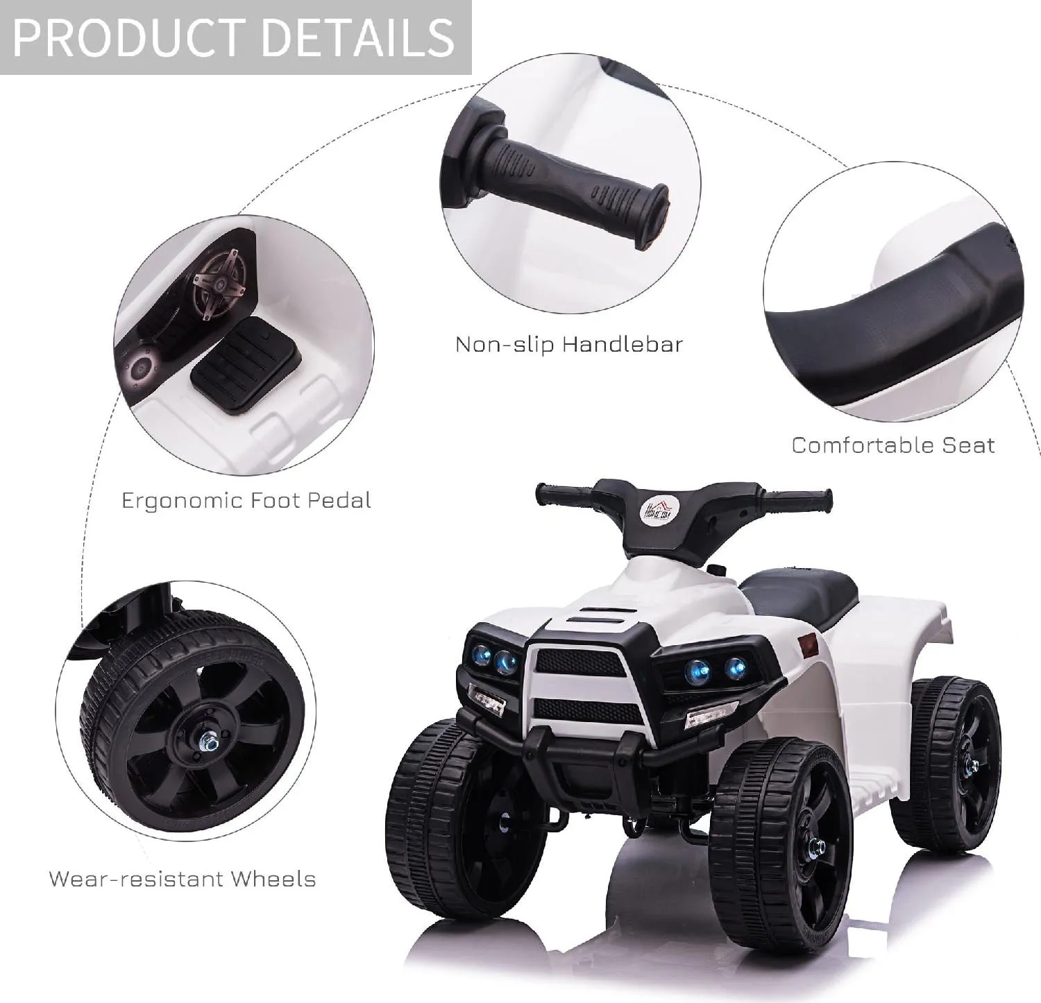 DecHome Macchina Elettrica per Bambini Quad Elettrico ATV 6V Velocità 3km/h  18+ Mesi colore Bianco - 157V90WTe370