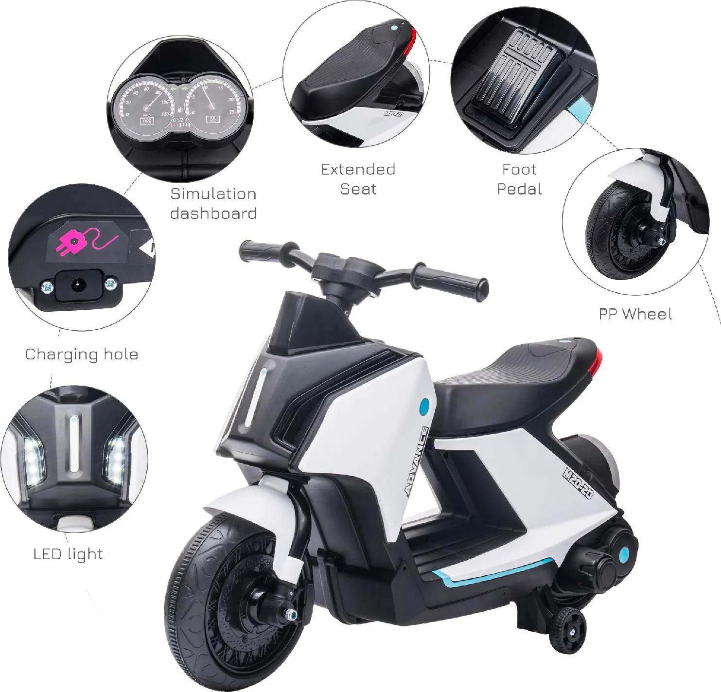 DecHome Moto Elettrica per Bambini a 3 Ruote con Fari e Musica 2+ Anni  colore Bianco - 168V90WT/370