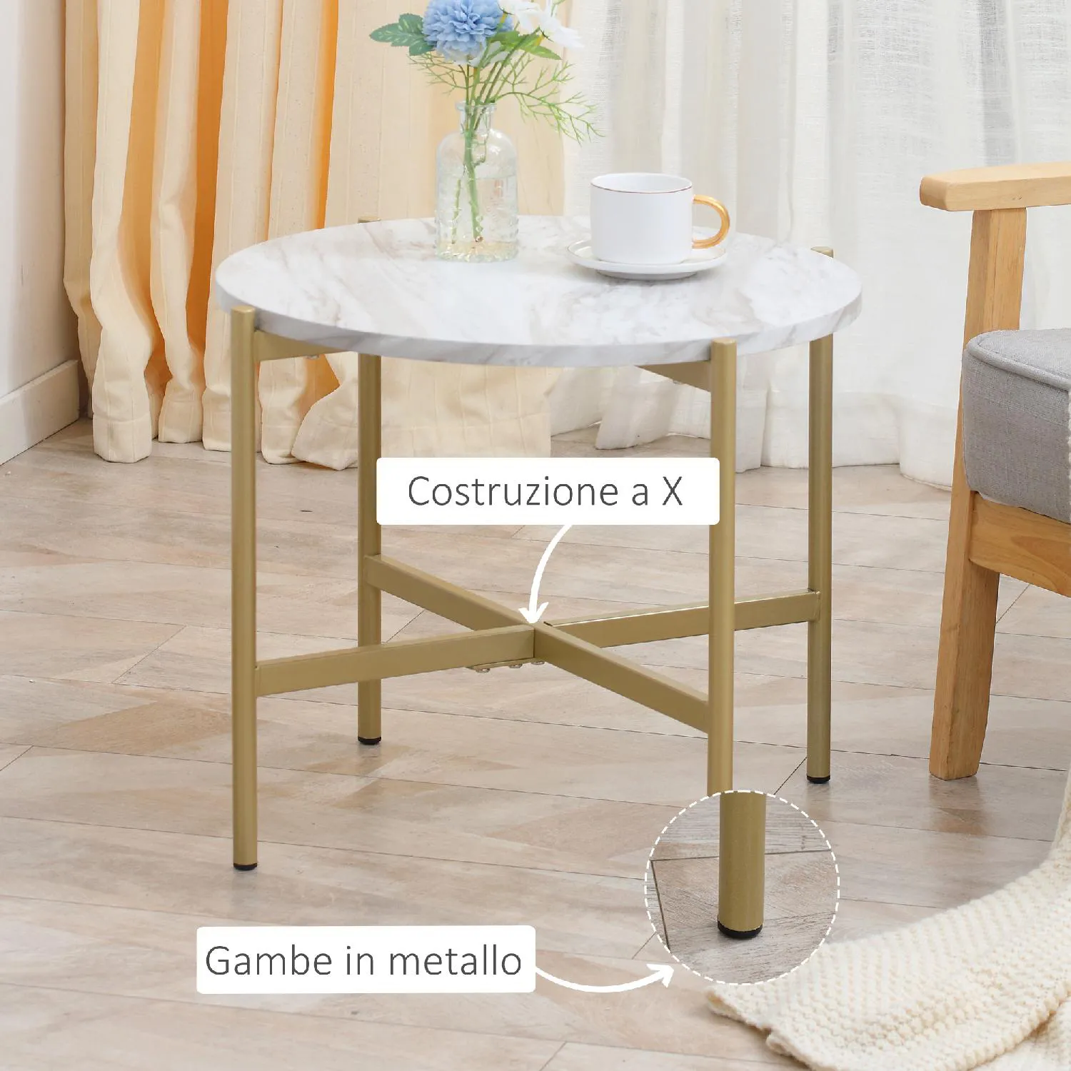 DecHome Tavolino Salotto Moderno con ripiano effetto Marmo Bianco - 855DH19