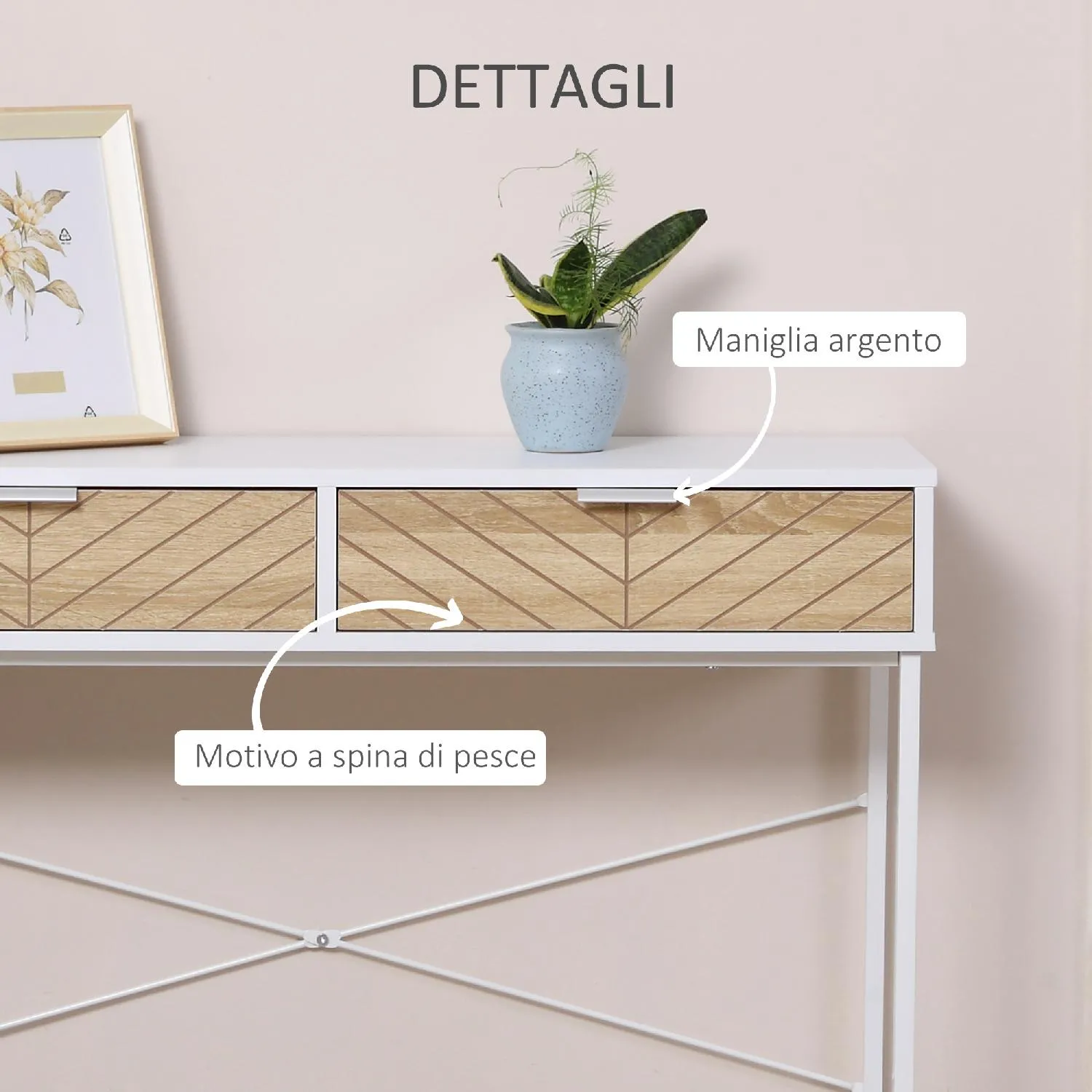 DecHome Consolle Moderna per Ingresso e Soggiorno con 2 Cassetti in Metallo  100x30x75 cm colore Bianco - 198WT837