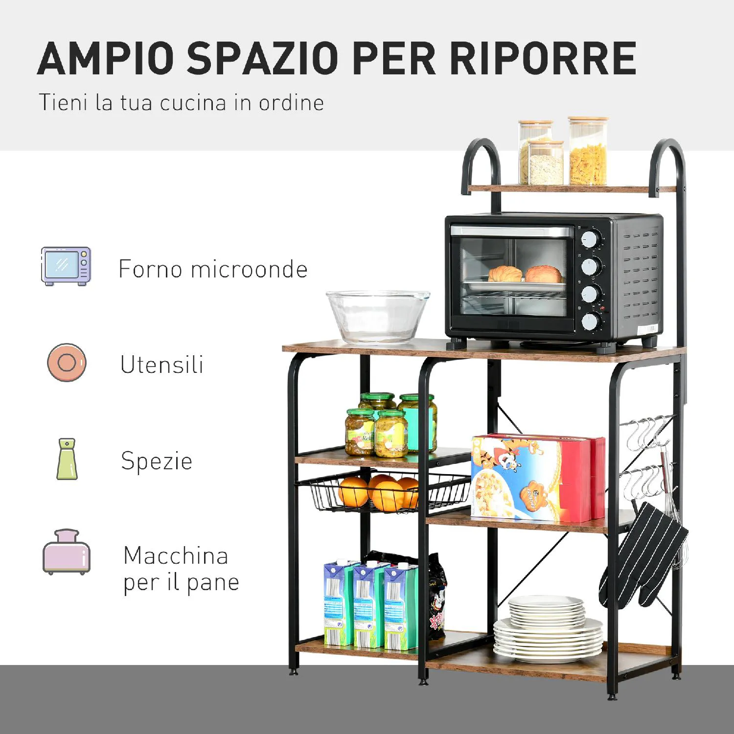 DecHome Mobile Cucina con Cestino Estraibile 6 Ripiani 4 Ganci in Metallo e  Legno Marrone Rustico - 218ek801