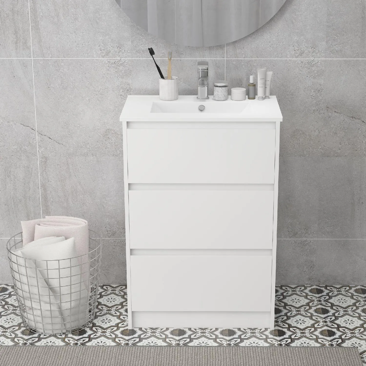 DecHome Mobiletto Bagno a 2 Cassetti in Truciolato con Lavabo in Ceramica  Sintetica 61x37x88 cm Bianco