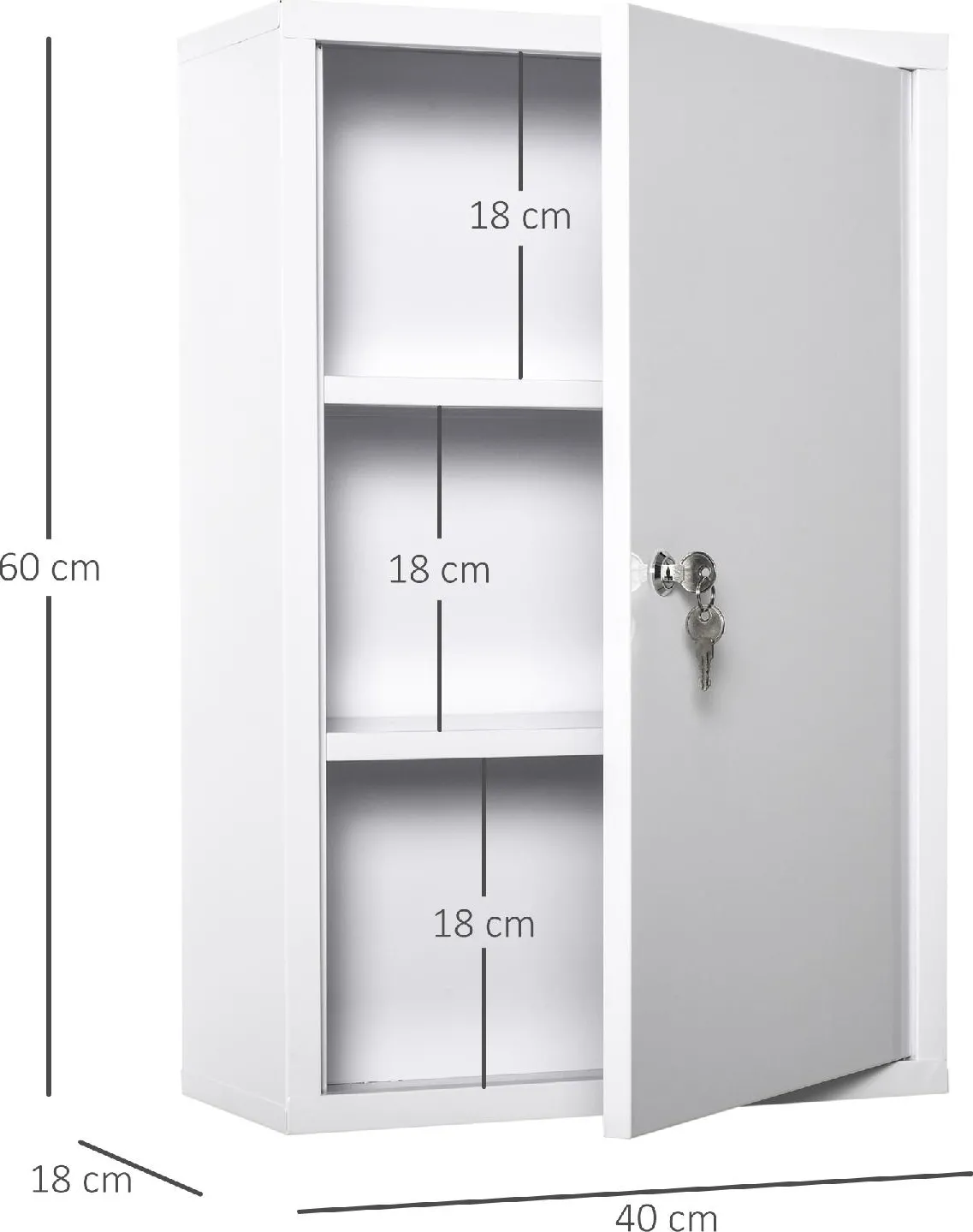 DecHome Armadietto Medicinali a 3 Livelli in Acciaio con 2 Chiavi e  Montaggio a Parete 40x18x60 cm Bianco