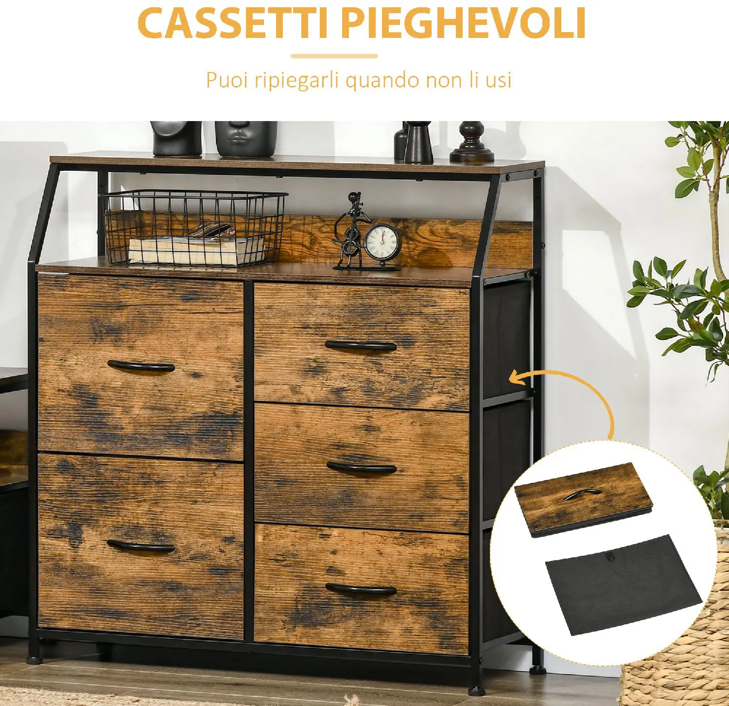 DecHome Cassettiera 5 Cassetti in Tessuto Pieghevoli Stile Industriale  83.5x29x87cm Marrone - 298V00RB-838