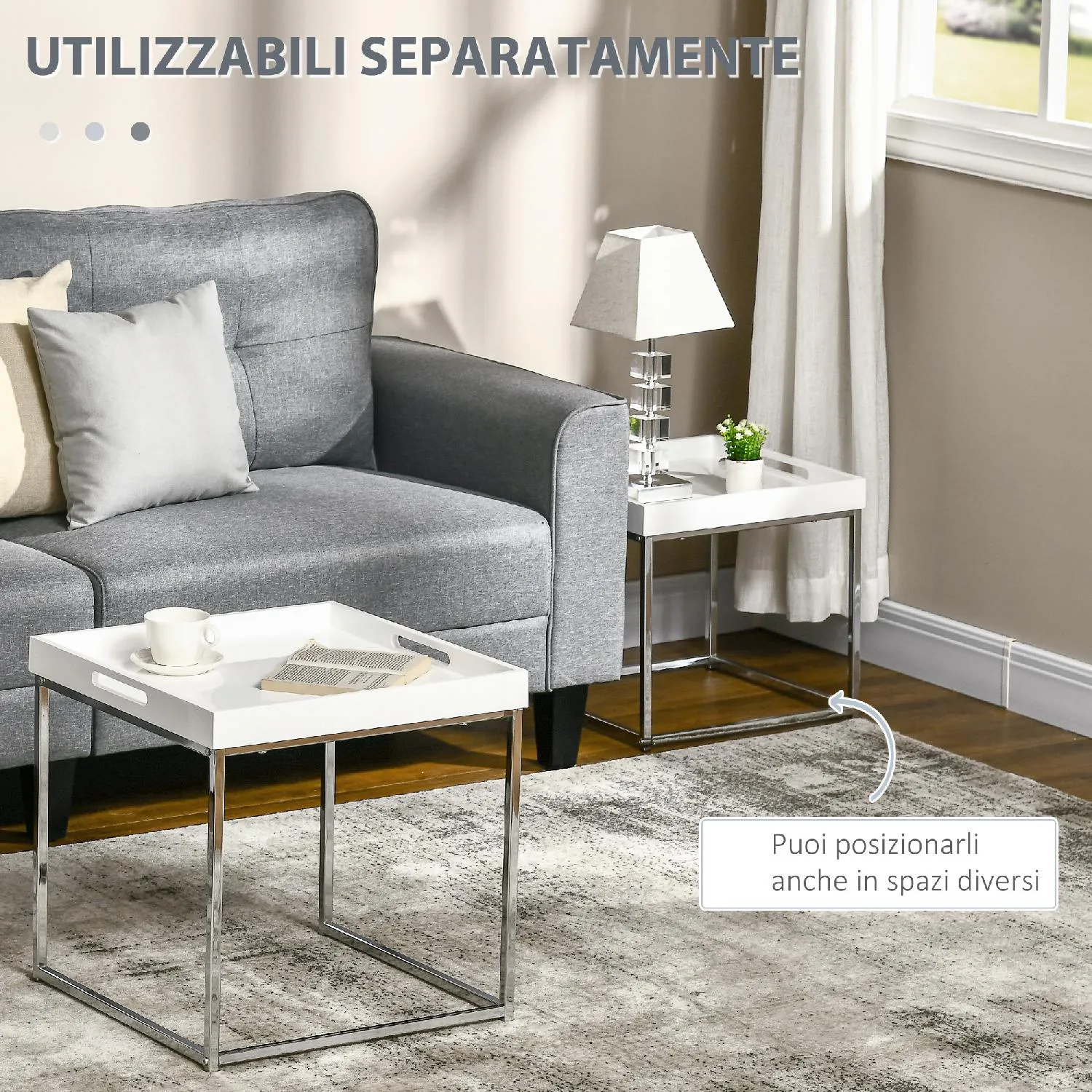 DecHome Tavolini Salotto Impilabili con Finitura Lucida e Telaio in Acciaio  colore Bianco - 314WT-839