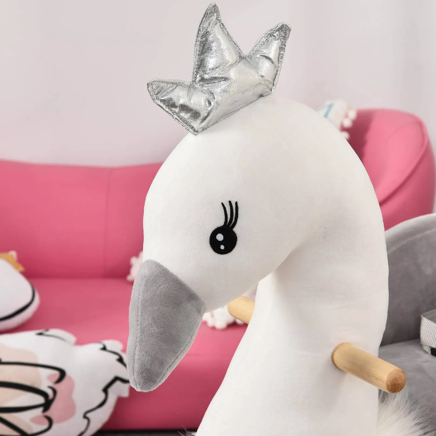 Dondolo giocattolo cigno per bambini legno e peluche bianco e grigio