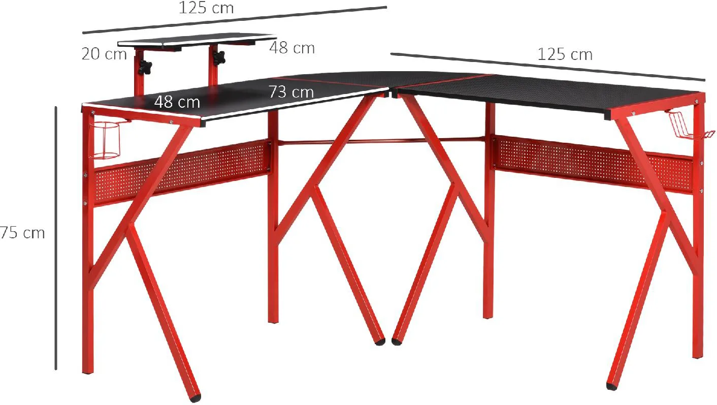 DecHome Scrivania Gaming Porta PC ad Angolo in Metallo Nero e Rosso  125x125x75cm - 332RDek836
