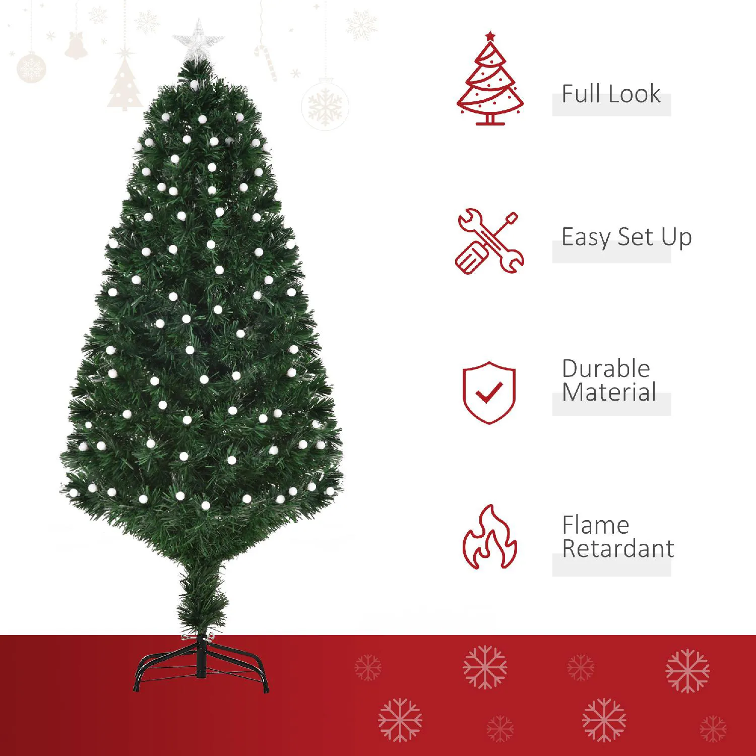 Dechome Albero Di Natale H Cm Con Luci Led E Fibre Ottiche E Base In Metallo Pieghevole Verde