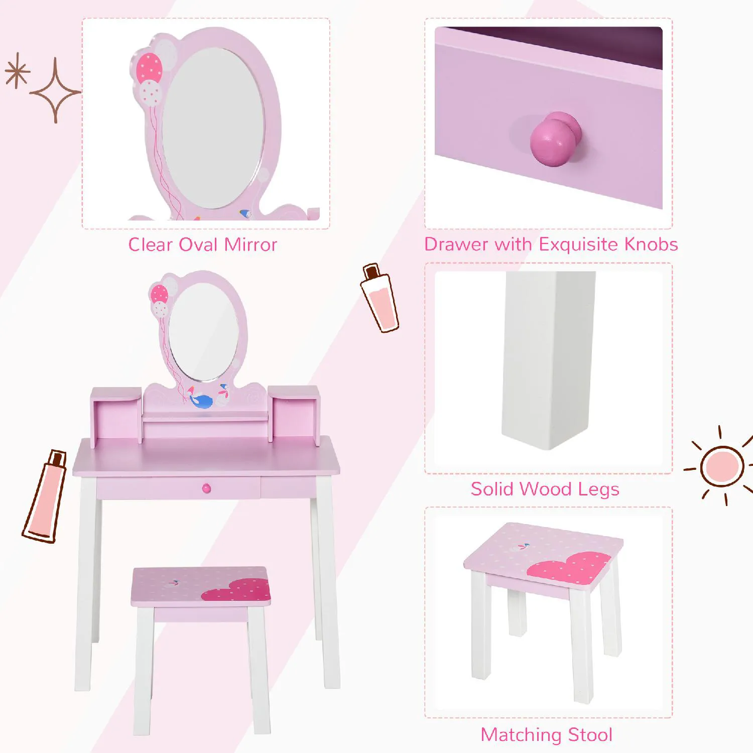 DecHome Set Tavolo Toeletta Specchio e Sgabello in Legno per Bambini Rosa -  355514