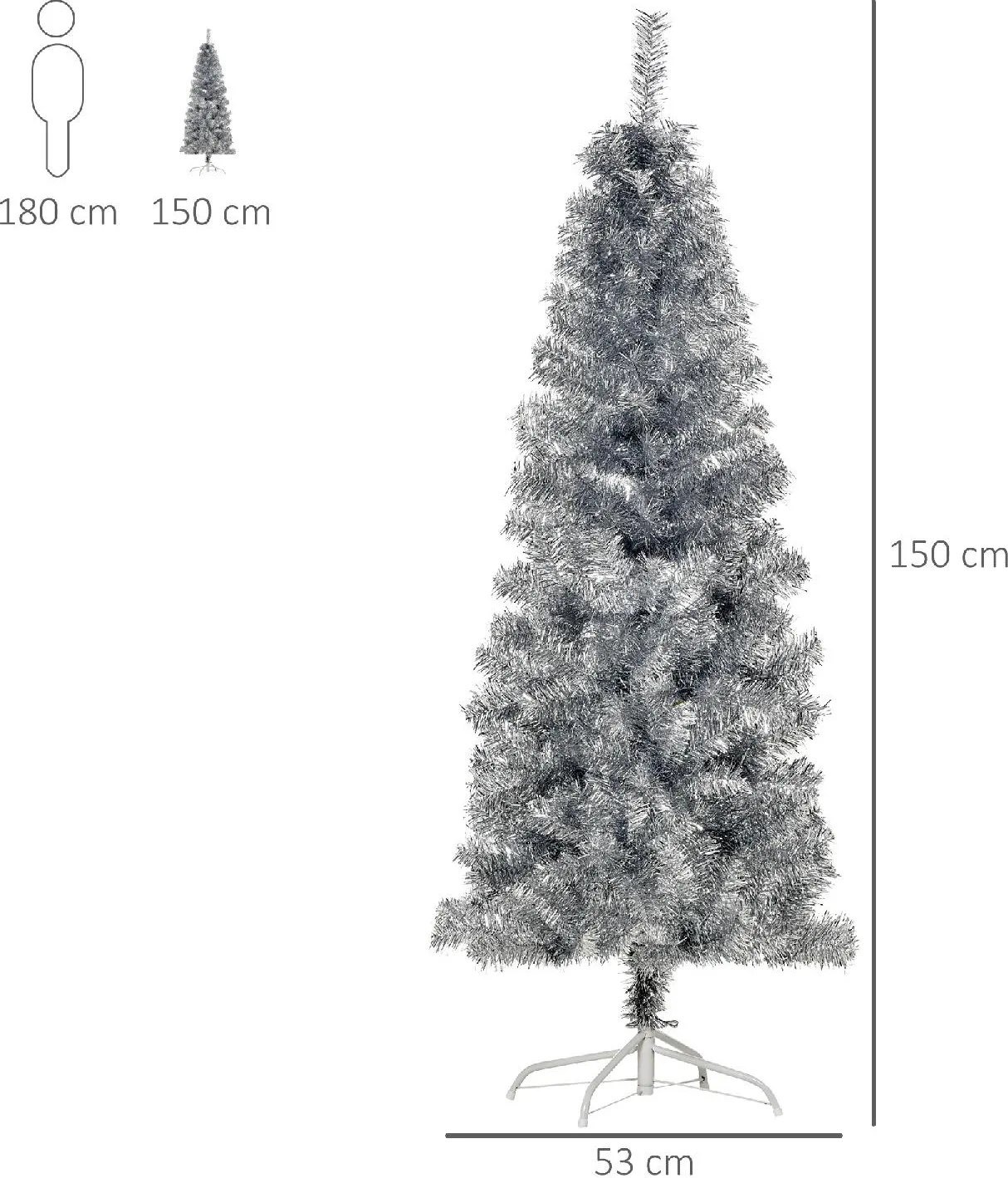 DecHome Albero di Natale Slim h. 150 cm e con Base Rimovibile Argento