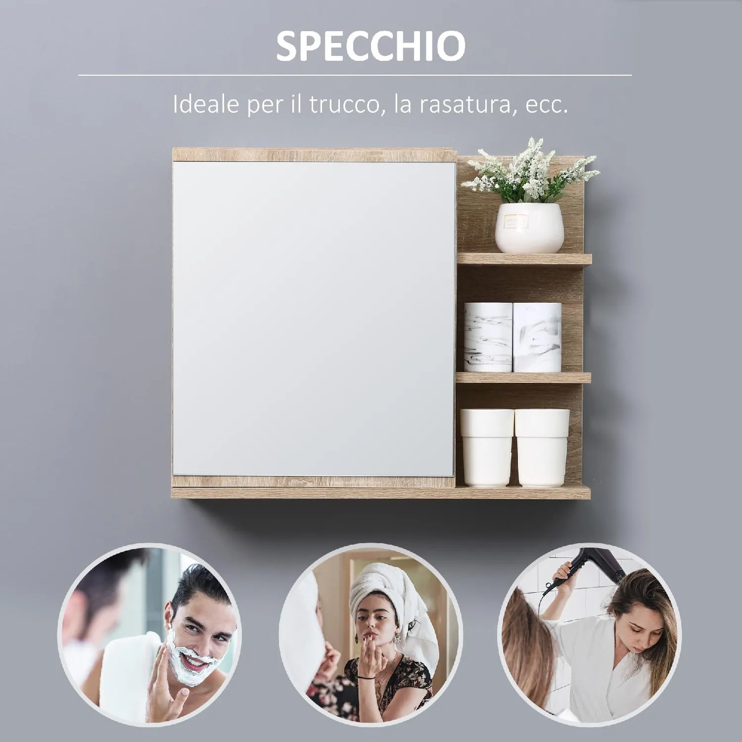 Mobile specchiera bagno a parete con anta e ripiani in legno