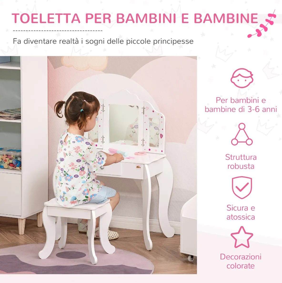 DecHome Toeletta per Bambini con Sgabello in Legno Tavolo Trucco con Triplo  Specchio e Cassetto 63x40x85.5cm Bianco