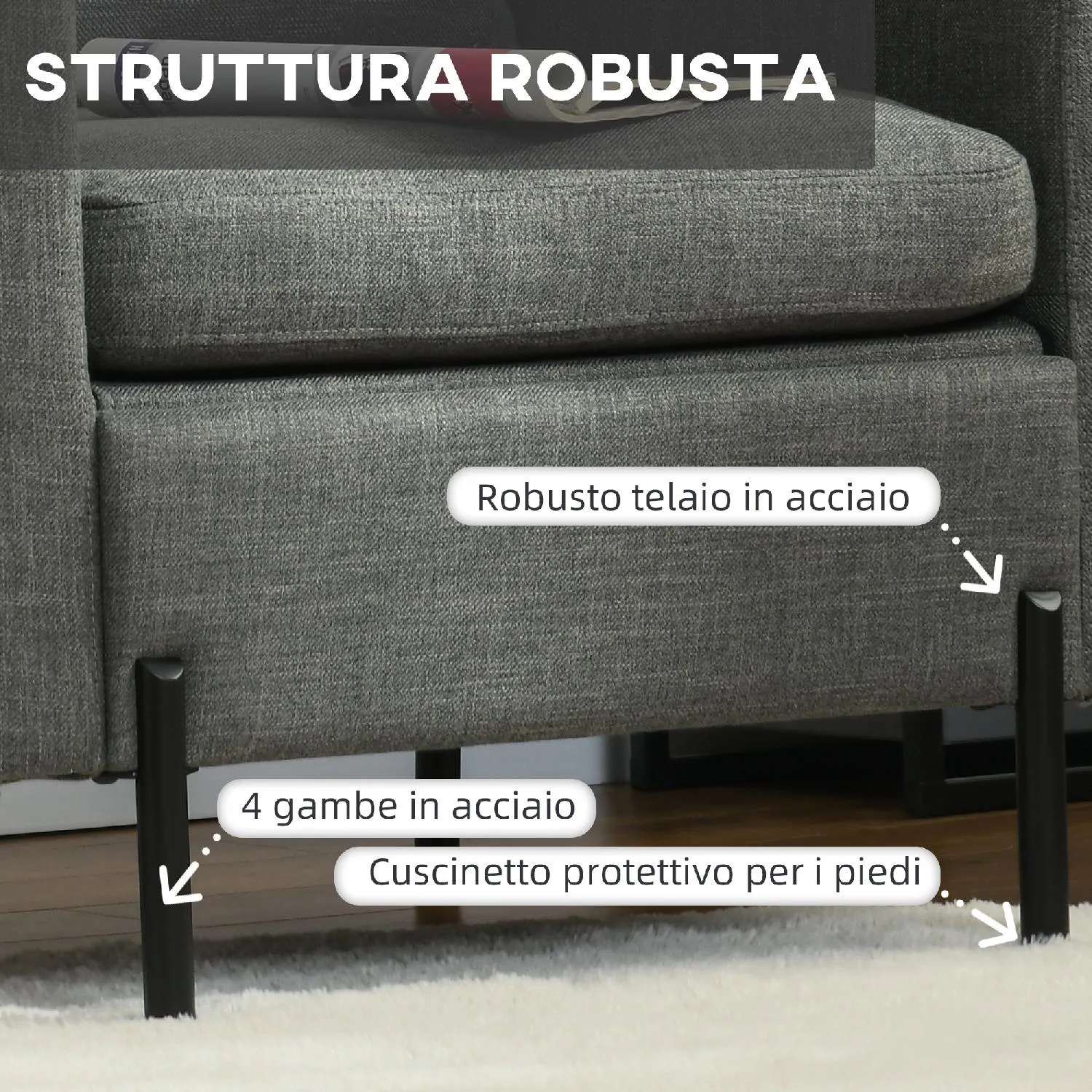 HOMCOM Poltroncina Moderna in Tessuto effetto Lino con Gambe in Acciaio e  Tasche laterali, 73x73x80cm, Grigio