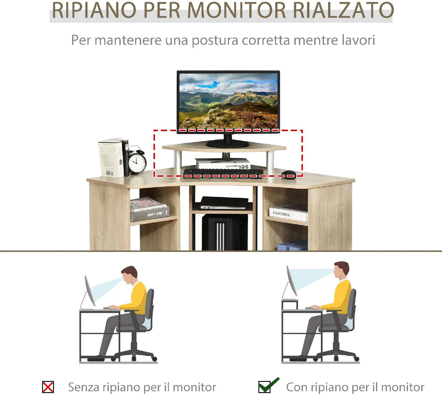 DecHome Tavolo Porta PC Salvaspazio con Ripiano Monitor Rialzato