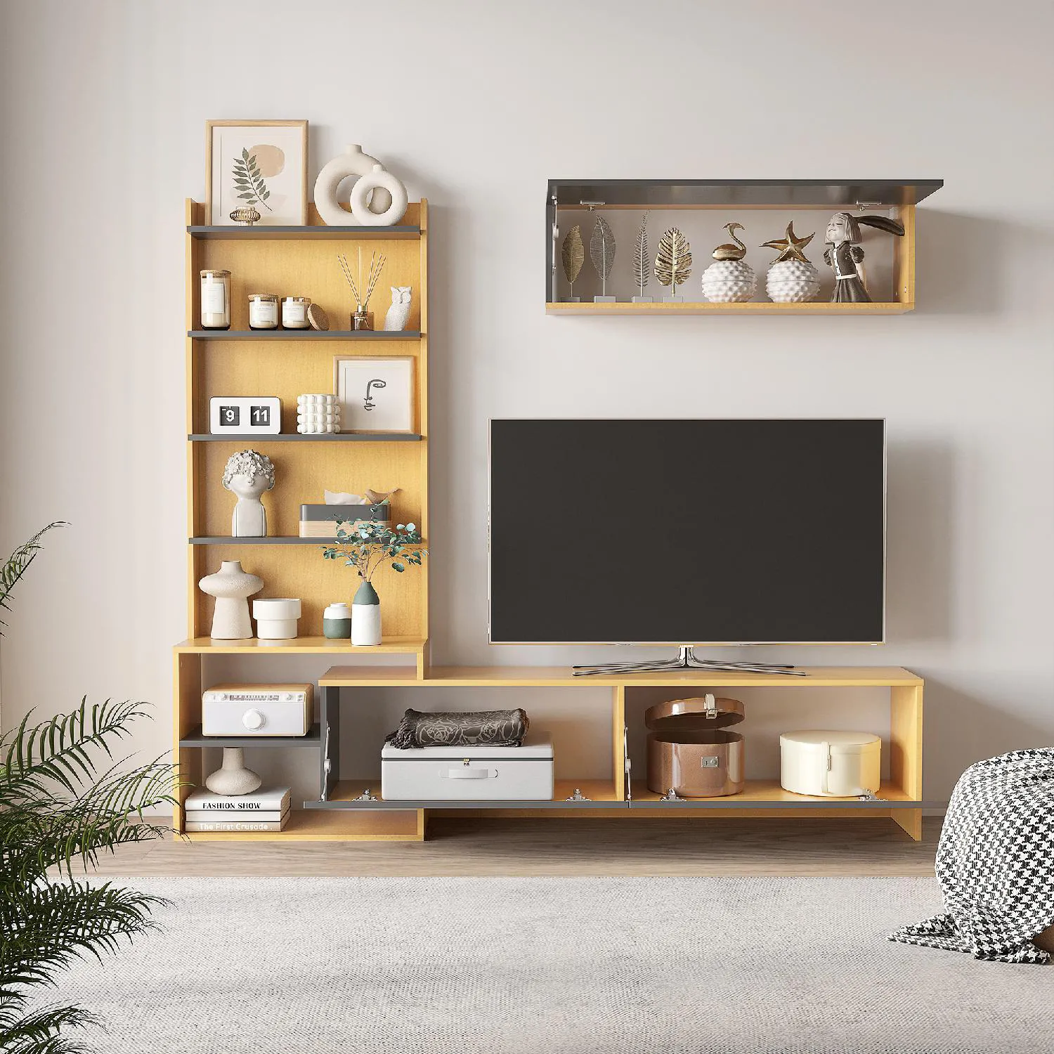 DecHome Mobile TV Moderno con Pensile a Muro Vani Aperti e Armadietti  Colore Legno e Grigio Scuro - 418ND-839