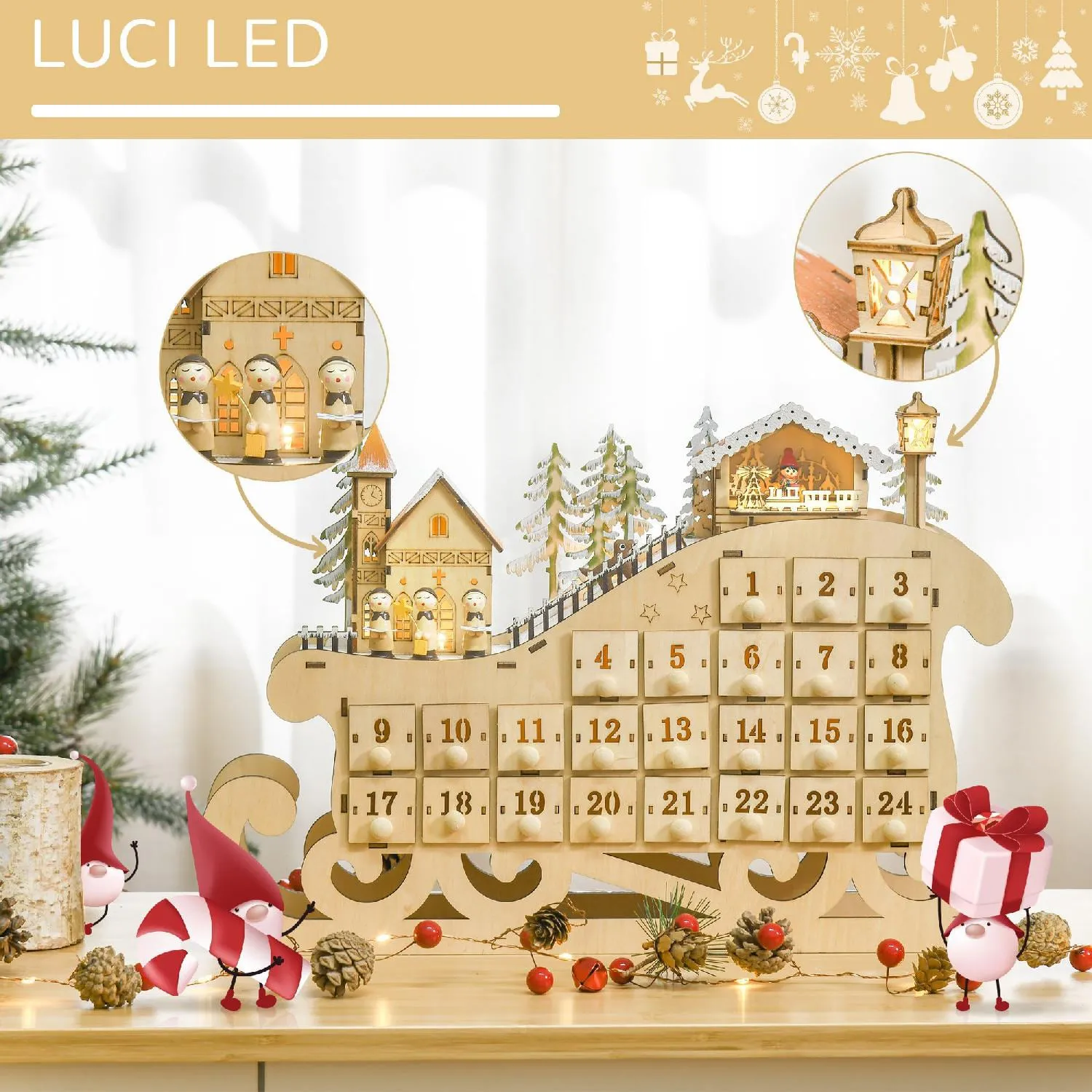 DecHome Calendario dell'Avvento in Legno a Forma di Slitta con 24 Cassetti  Decorazioni e Luci a LED 45x10x31cm Legno