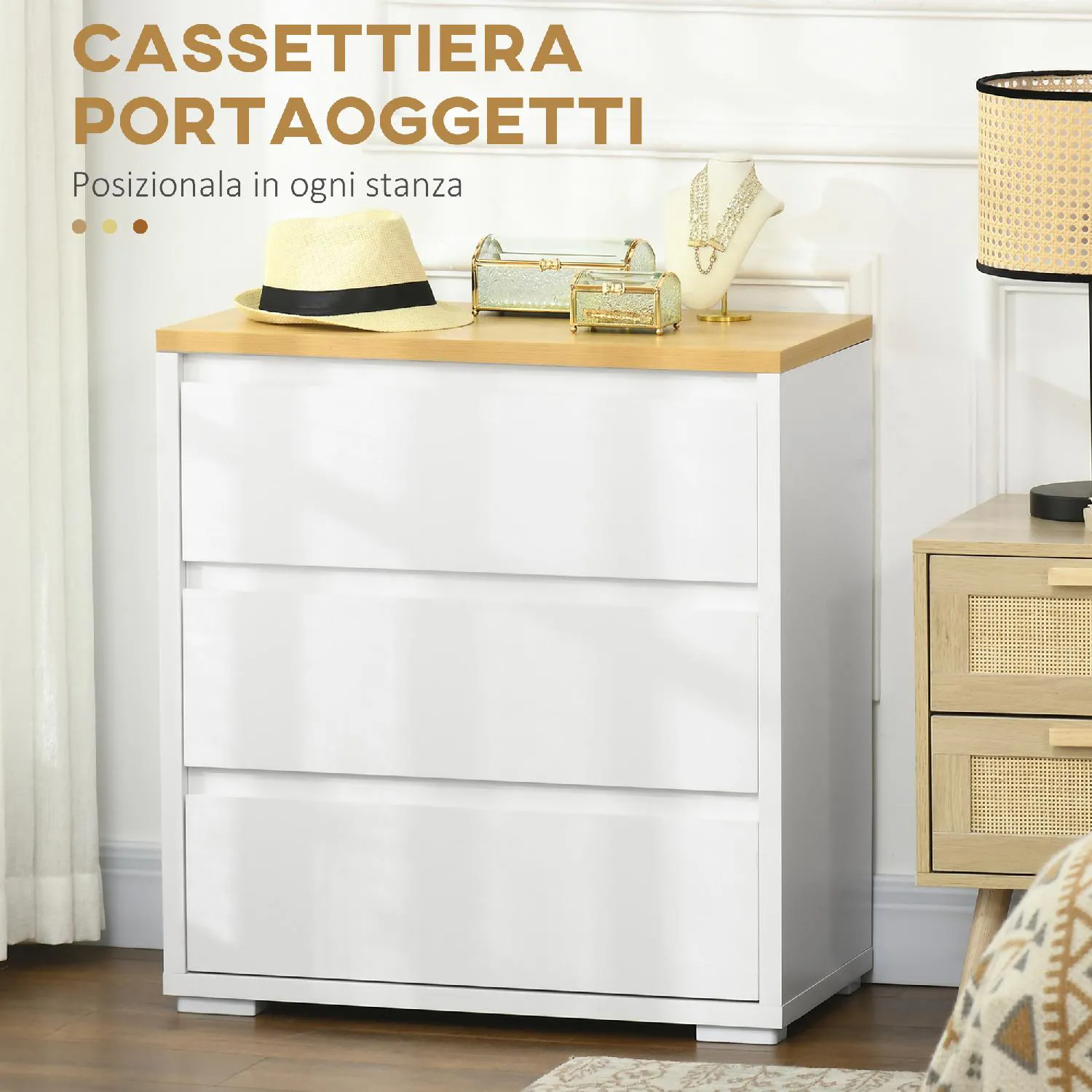 DecHome Cassettiera 6 Cassetti Moderna in Truciolato per Camera da Letto e  Ingresso 140x37x75cm Bianco e Color Legno