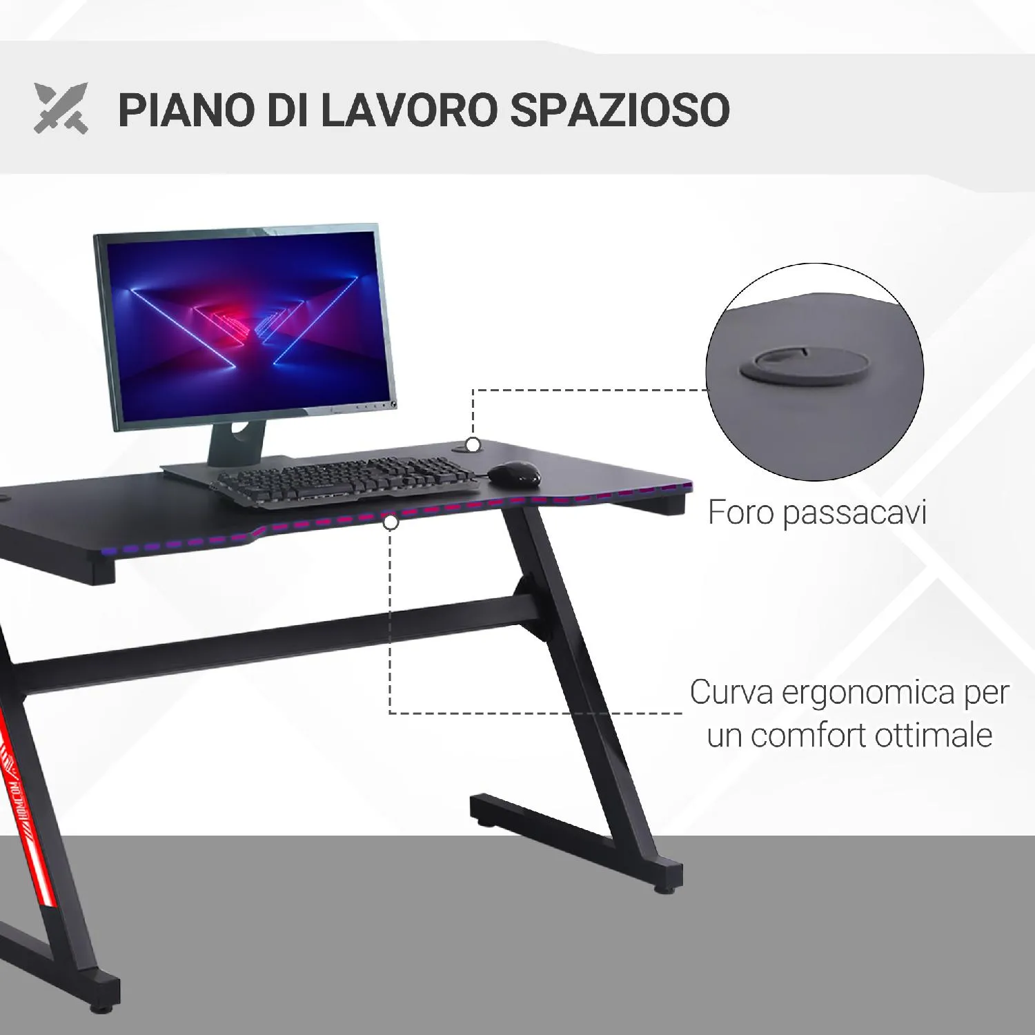 DecHome Scrivania Gaming con Ripiano Monitor con Gancio e Portabicchieri  Nero - 447V01/836