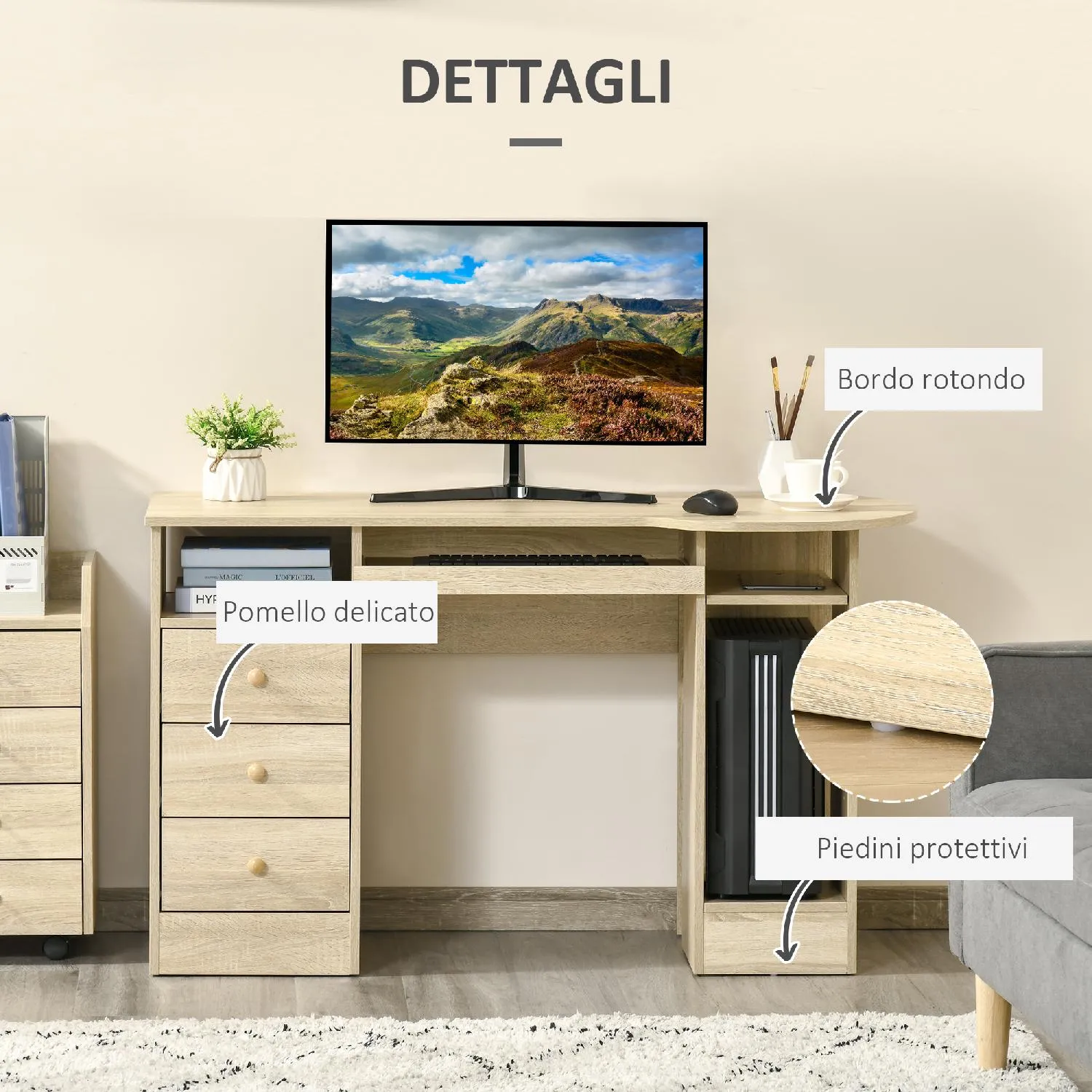 DecHome Scrivania da PC per Ufficio con Scaffali Cassetti e Ripiano  Testiera in Legno 125x60x74cm - 471ND836