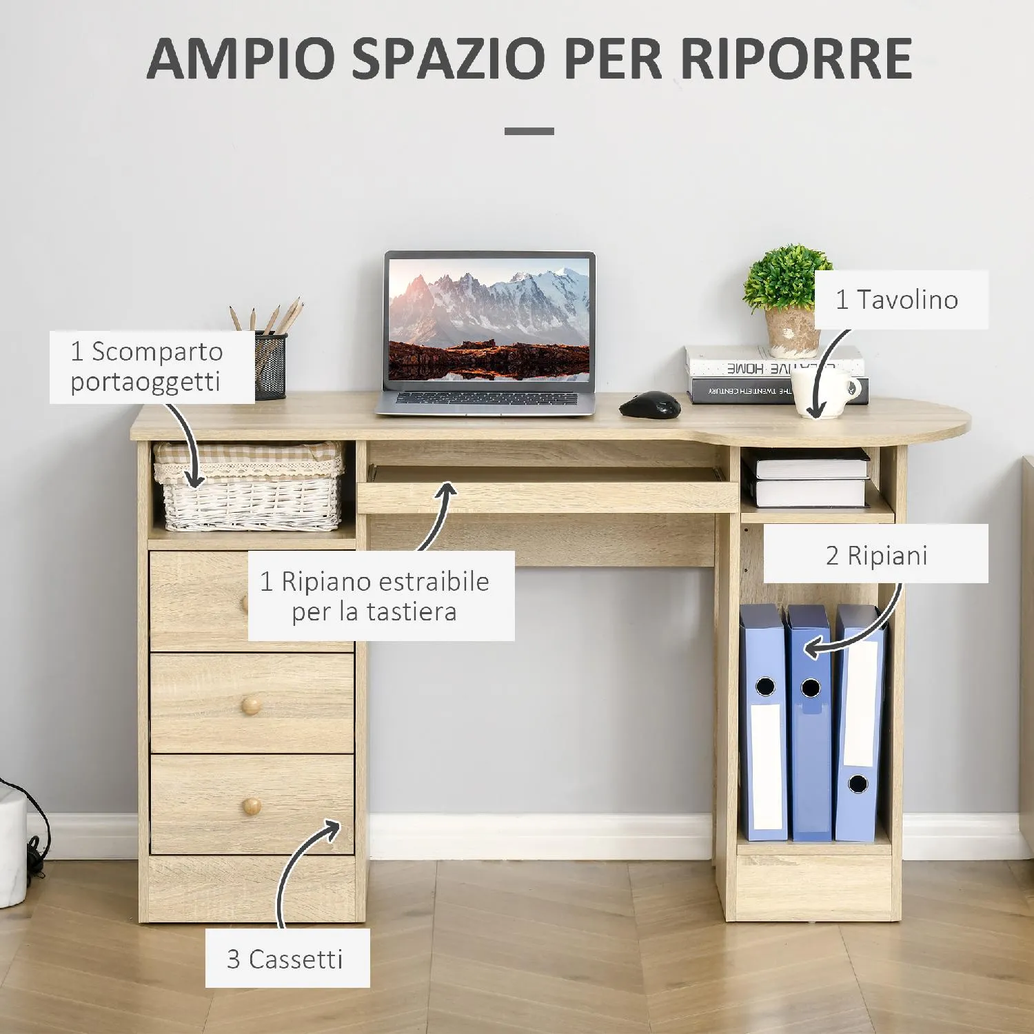 DecHome Scrivania da PC per Ufficio con Scaffali Cassetti e Ripiano  Testiera in Legno 125x60x74cm - 471ND836