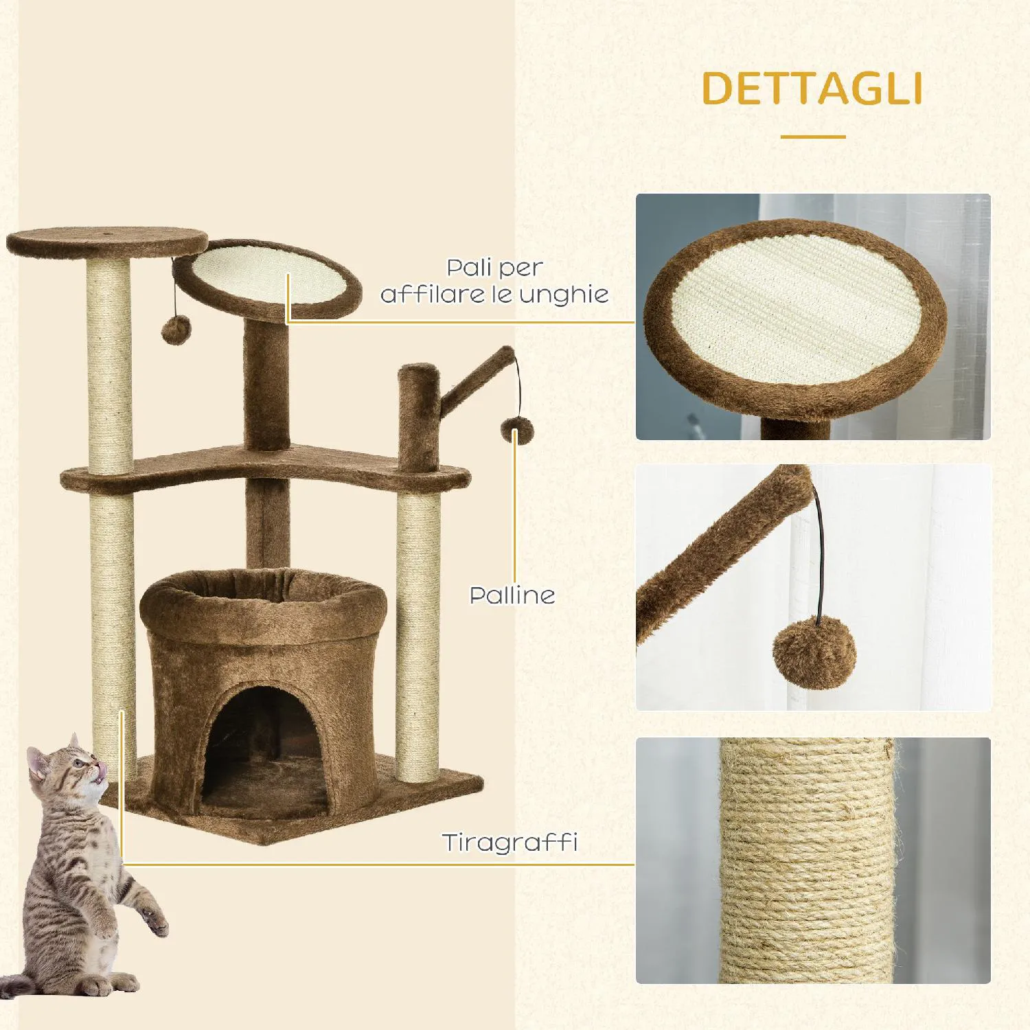 DecHome Tiragraffi per Gatti Albero Tiragraffi in Corda Sisal Casetta  Cuscino e Amaca Rivestimento in Peluche e Feltro Altezza 100cm Grigio