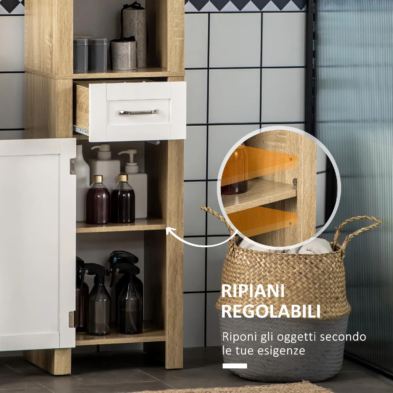 DecHome Mobile Bagno Alto in Truciolato con un Cassetto 2 Armadietti e 2  Ripiani Aperti Regolabili 37x30x184 cm - 497V00WT-834