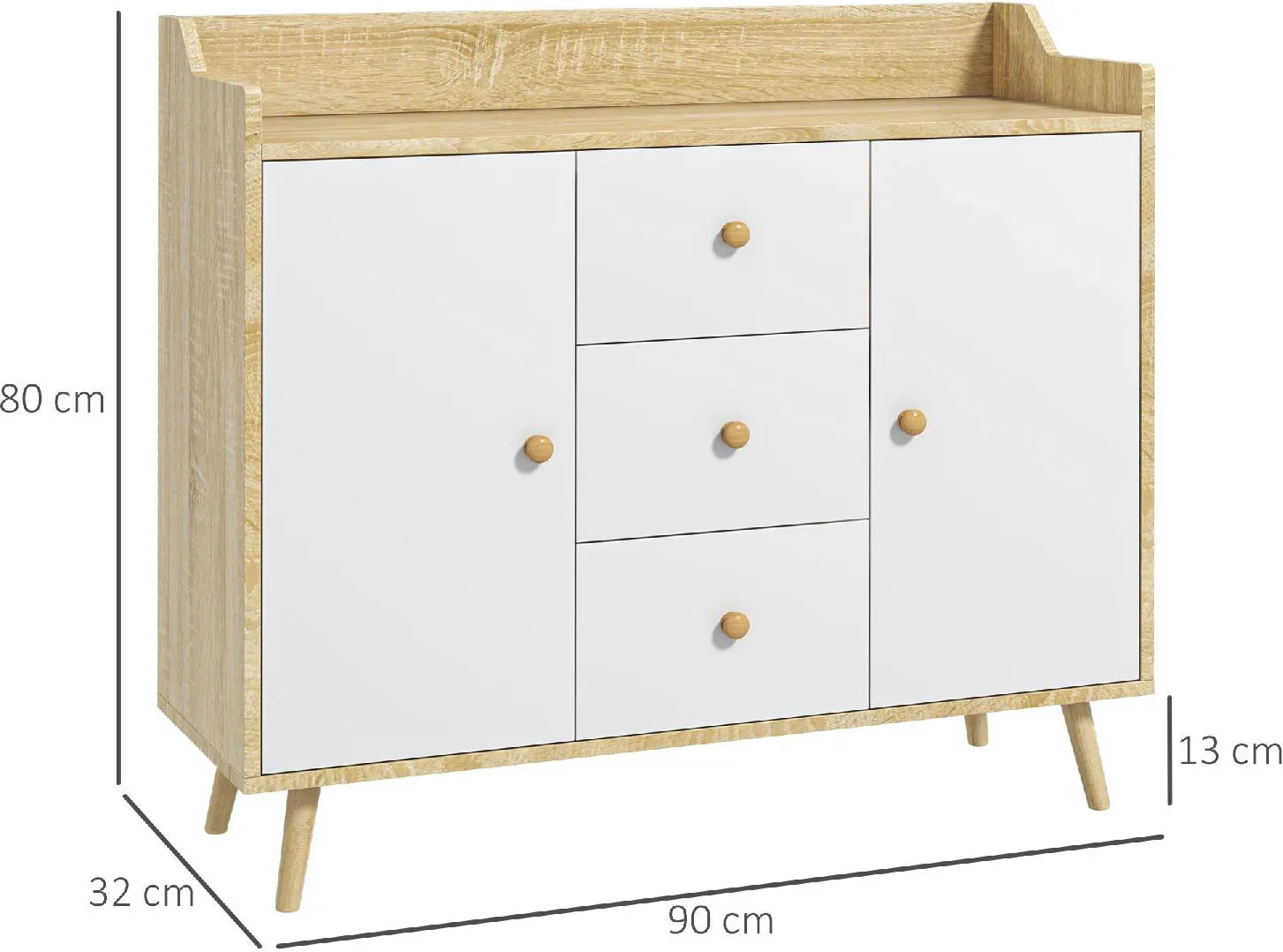 DecHome Credenza Moderna in Truciolato e Legno di Pino con 3 Cassetti e 2  Armadietti a 2 Livelli 90x32x80A cm